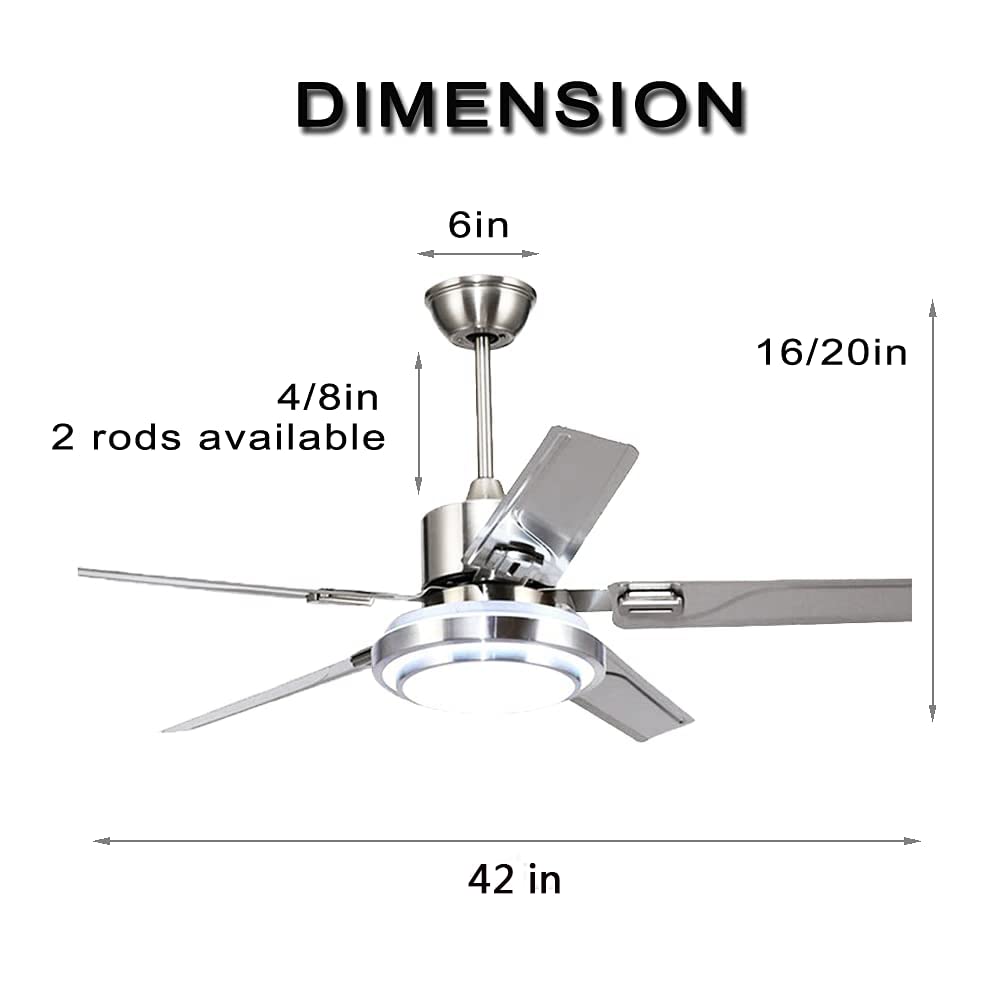 42 Inch Brushed Nickel Ceiling Fan with 5 Stainless Steel Blades, Dimmable LED Light & Remote Control - Ultra Quiet Reversible Motor for Bedroom, Dining Room & Living Room Cooling