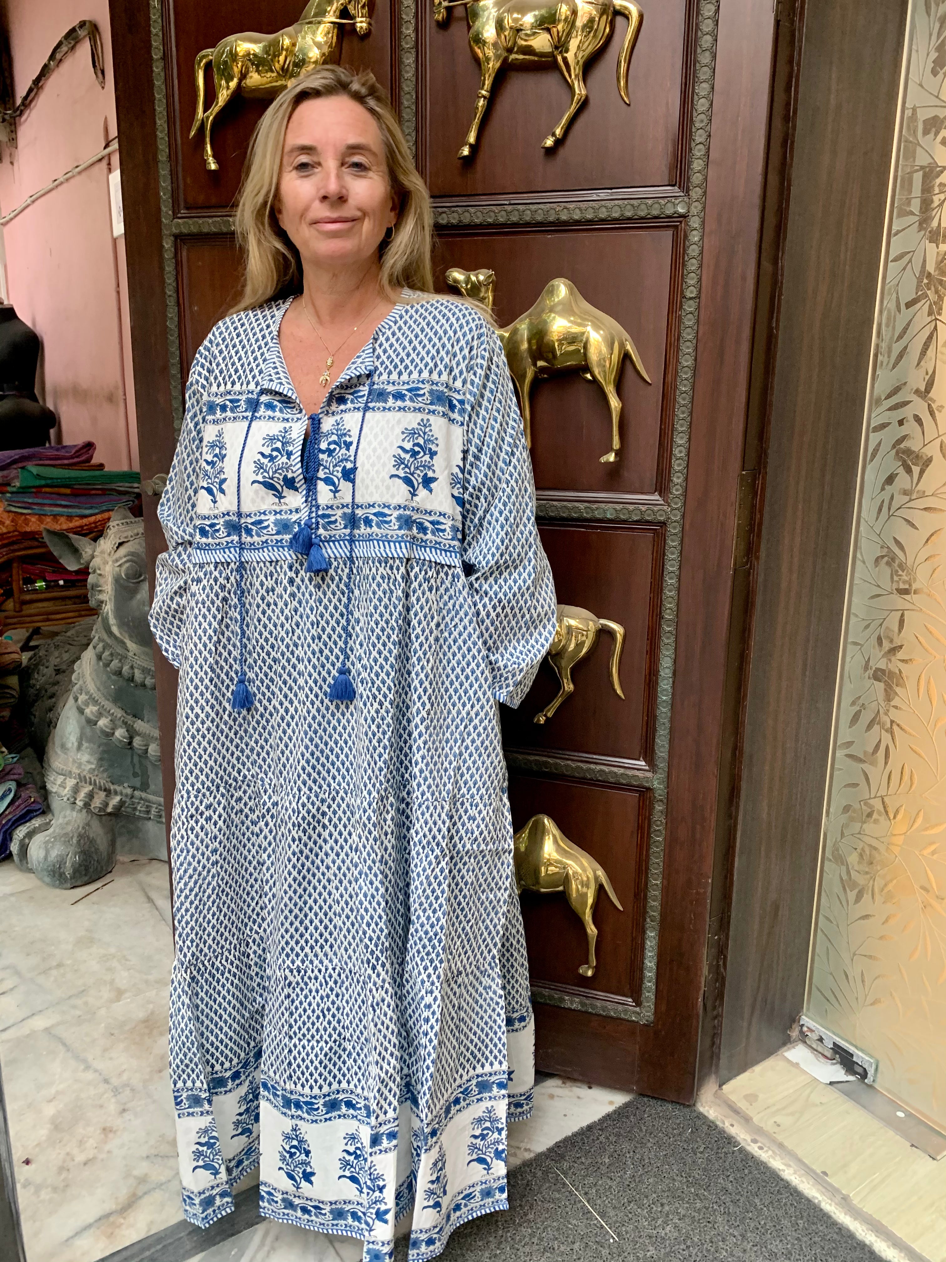 Boho Chic Banjara Dress in Blue & White – Flowy Bohemian Maxi Dress for Women | Perfect for Festivals, Beach Vacations & Summer Outfits