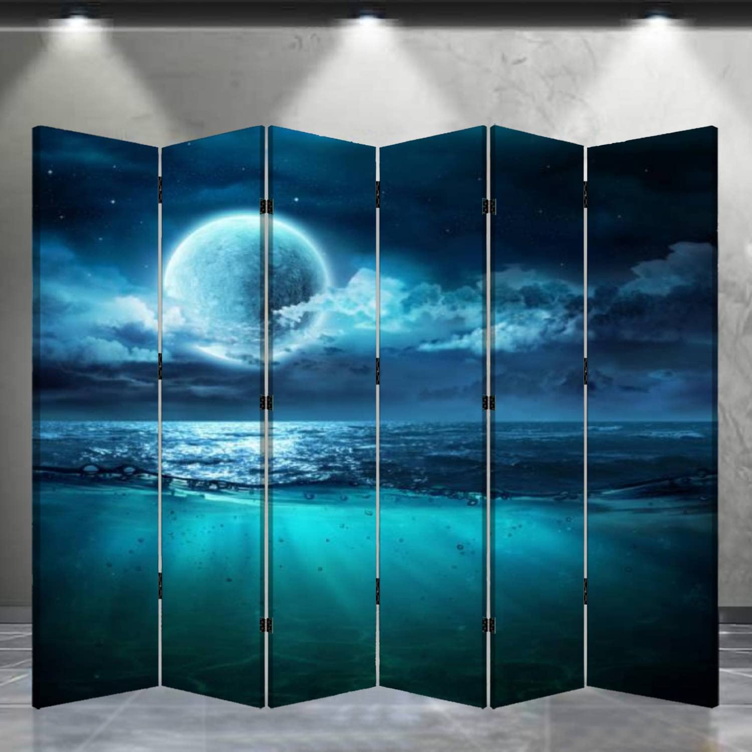 6-Panel Folding Room Divider Screen - Moonlit Ocean & Underwater Scene Design for Privacy | Portable Freestanding Partition for Home, Office, Bedroom | Perfect for Creating Private Spaces, Home Decor & Room Separation