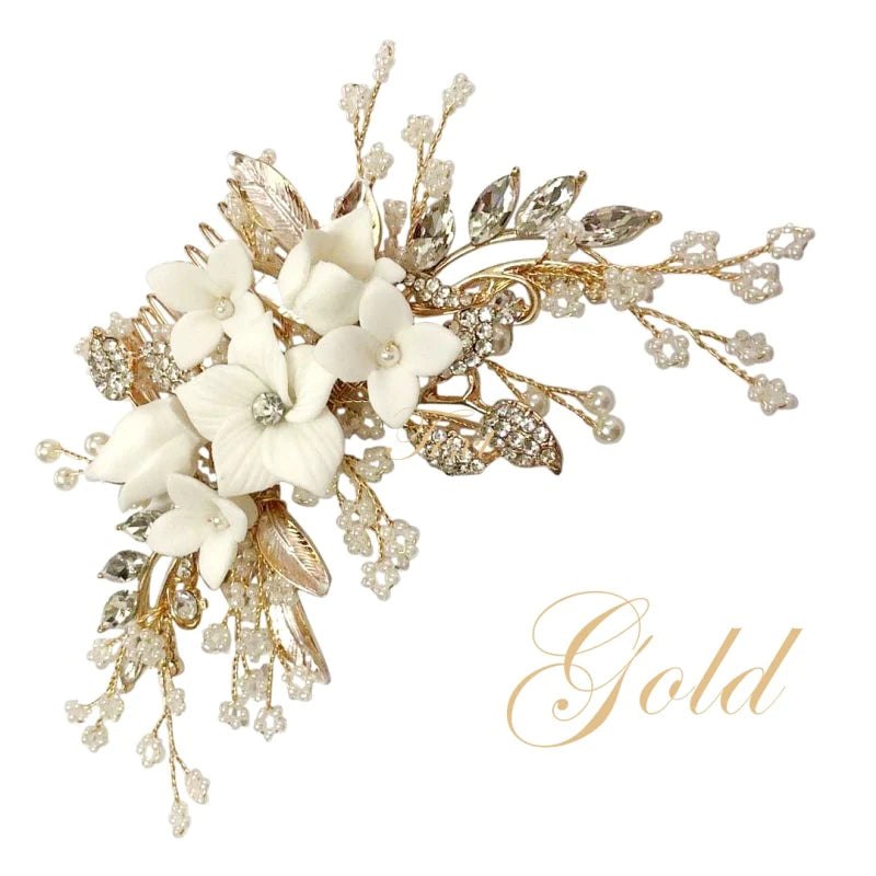 Elegant Gold Floral Hair Comb with Crystals & Pearls for Brides - Wedding Hair Accessory A7647 | Perfect for Bridal, Prom, and Special Occasions