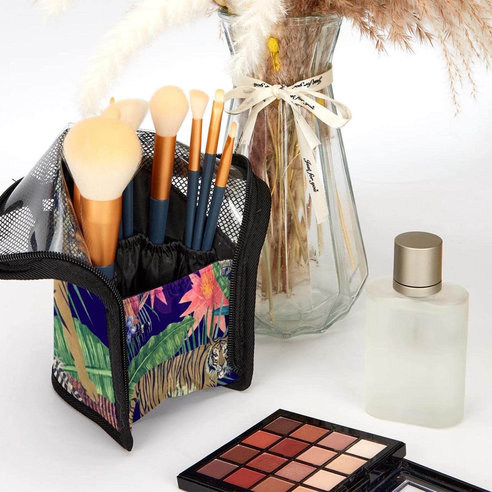 12-Piece Makeup Brush Organizer Bag with Tropical Flower Leaves Feathers Tiger Design - Portable Waterproof Cosmetic Brush Holder Case for Travel, Home & Professional Makeup Storage