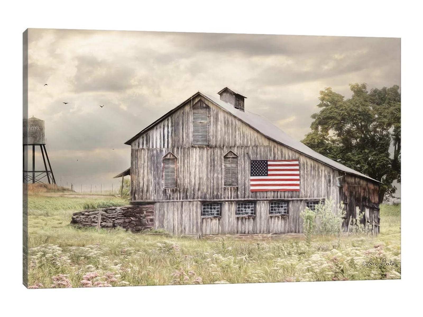 Farmhouse Old Barn Canvas Wall Art with USA Flag - Vintage Rustic Country Decor - 28x40 Inches - Perfect for Living Room, Bedroom, or Office Wall Decor