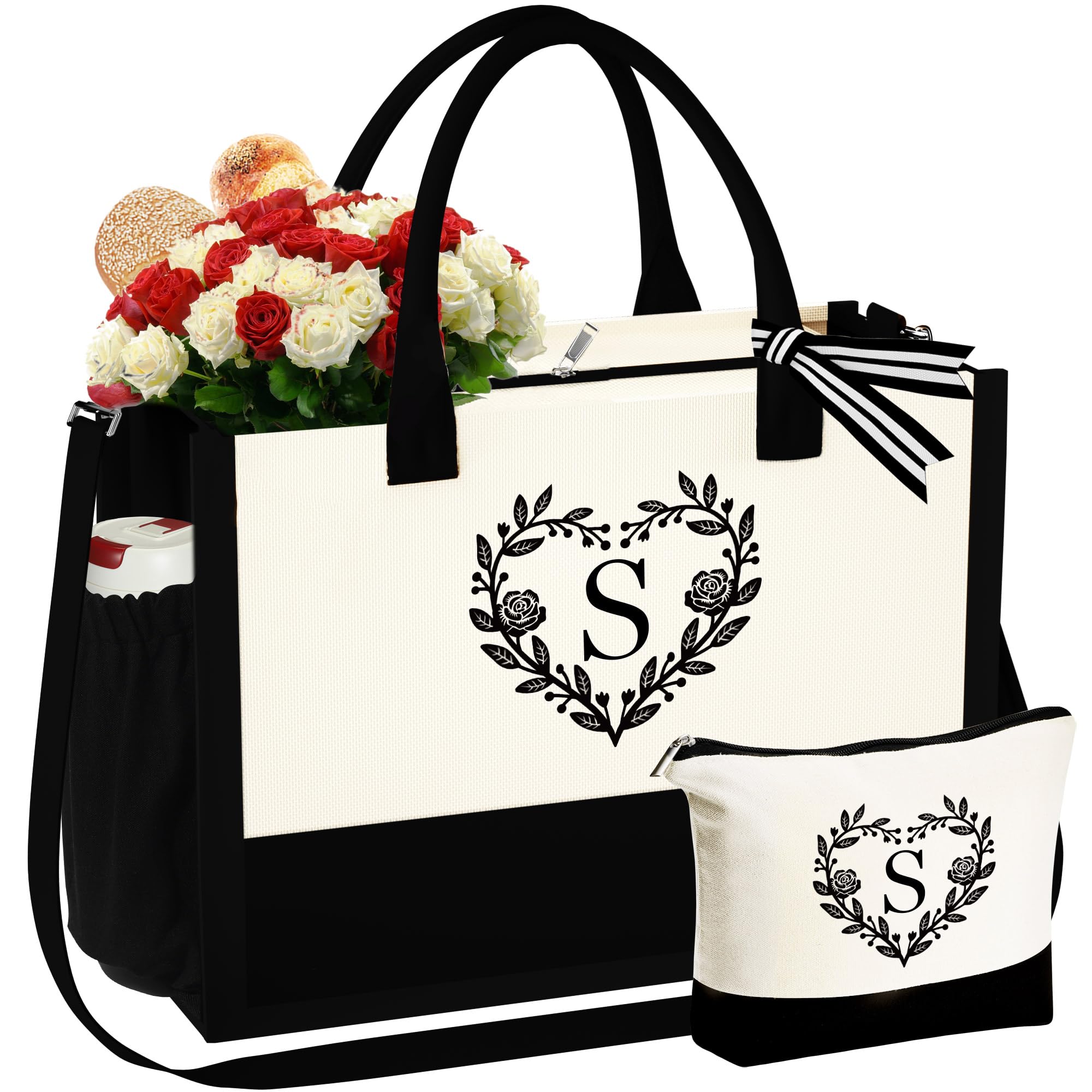 Personalized Monogram Initial Beach Tote Bag with Matching Makeup Pouch - Perfect Gift for Women, Mom, Wife (Mother's Day, Birthday, Anniversary) - Great for Beach Trips, Poolside Lounging & Summer Vacations