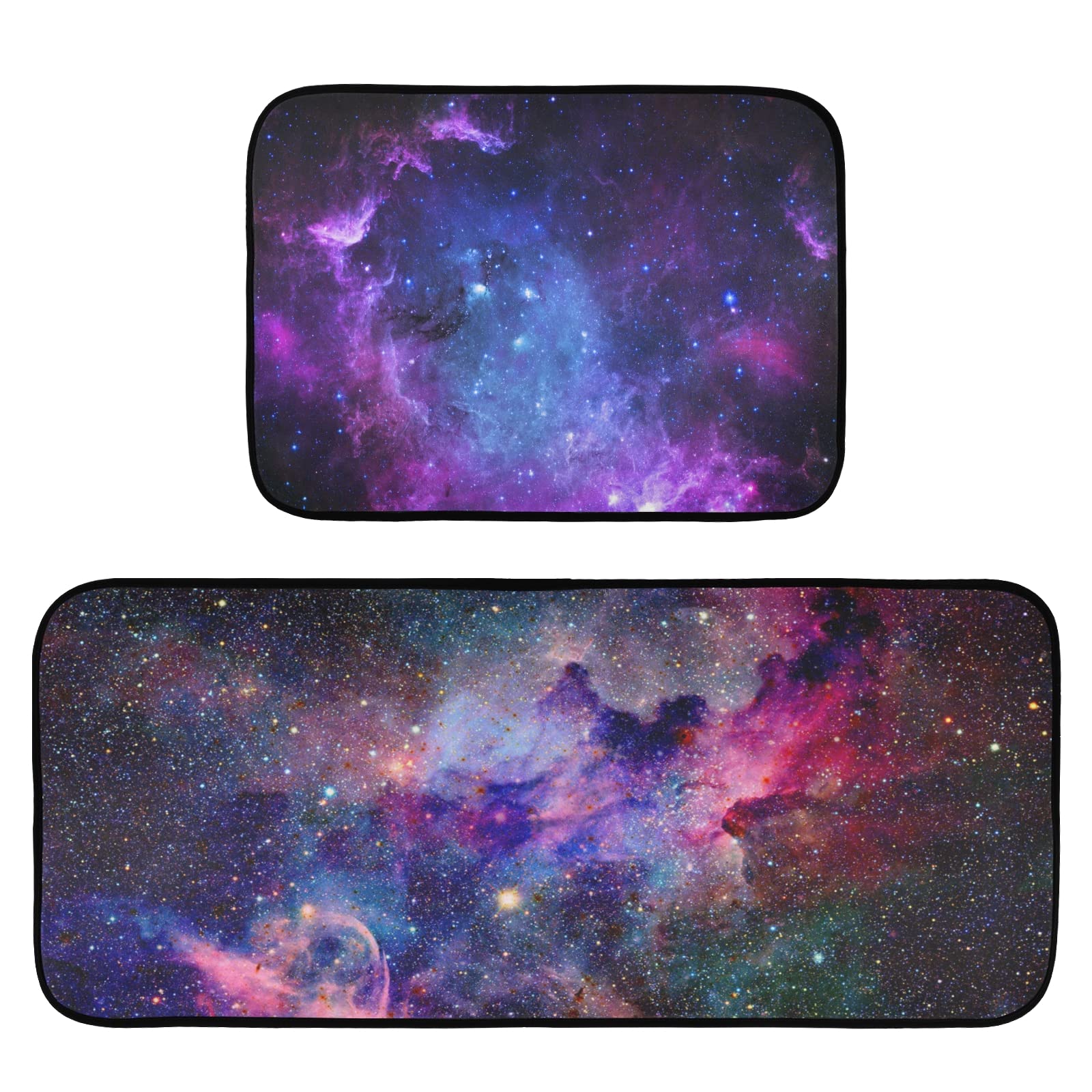 CaTaKu Non-Slip Kitchen Rugs Set of 2 - Colorful Galaxy Nebula Design Washable Polyester Floor Mats for Kitchen, Laundry, Sink & Office - Anti-Fatigue Standing Mats for Comfortable Cooking & Cleaning