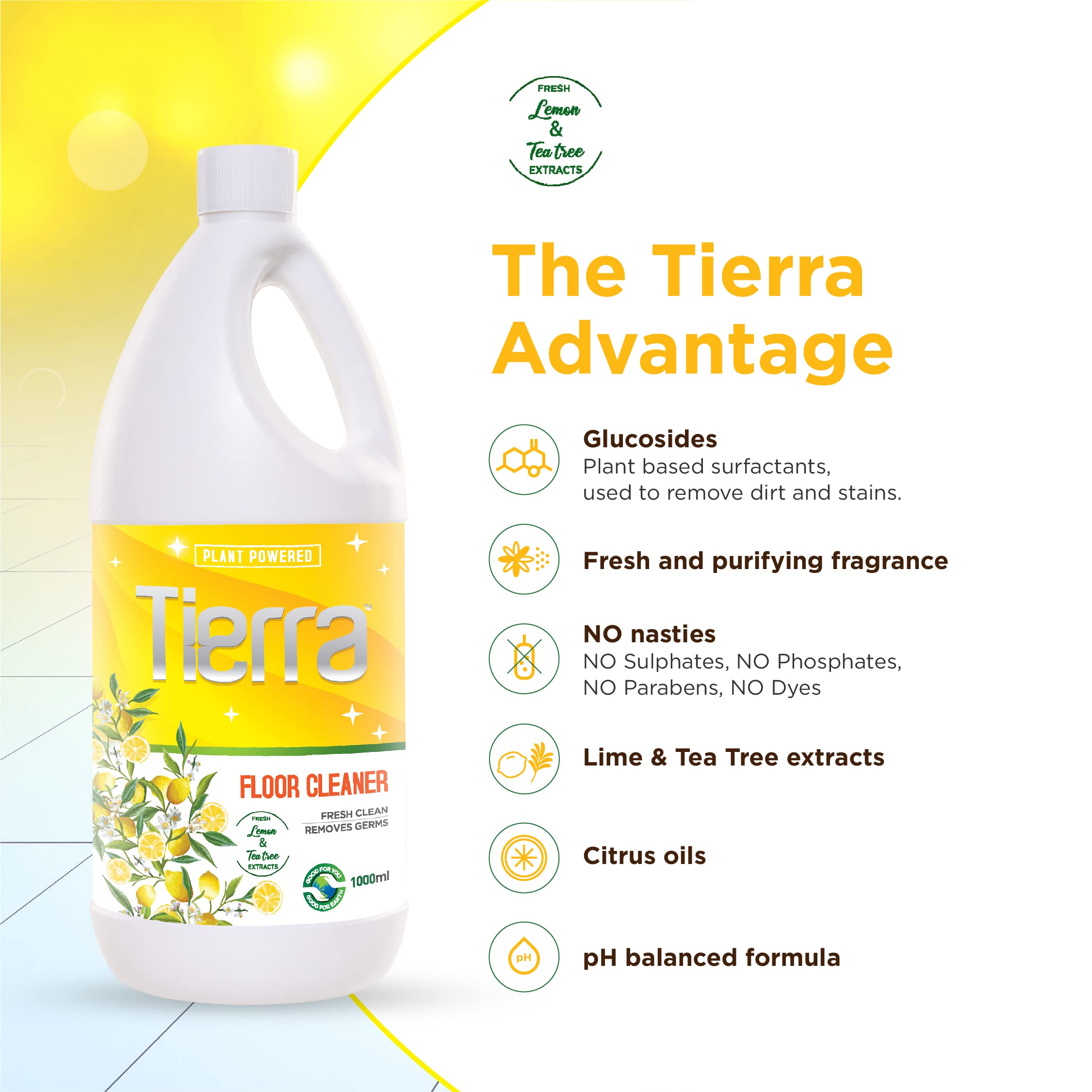 Tierra Floor Cleaner Liquid - 1 Litre Pack with Fresh Lime & Tea Tree Extracts | Kills Germs, Removes Stains | Safe for Skin, Babies & Pets | Non-Toxic & Eco-Friendly | Ideal for Hardwood, Tile & Laminate Floors