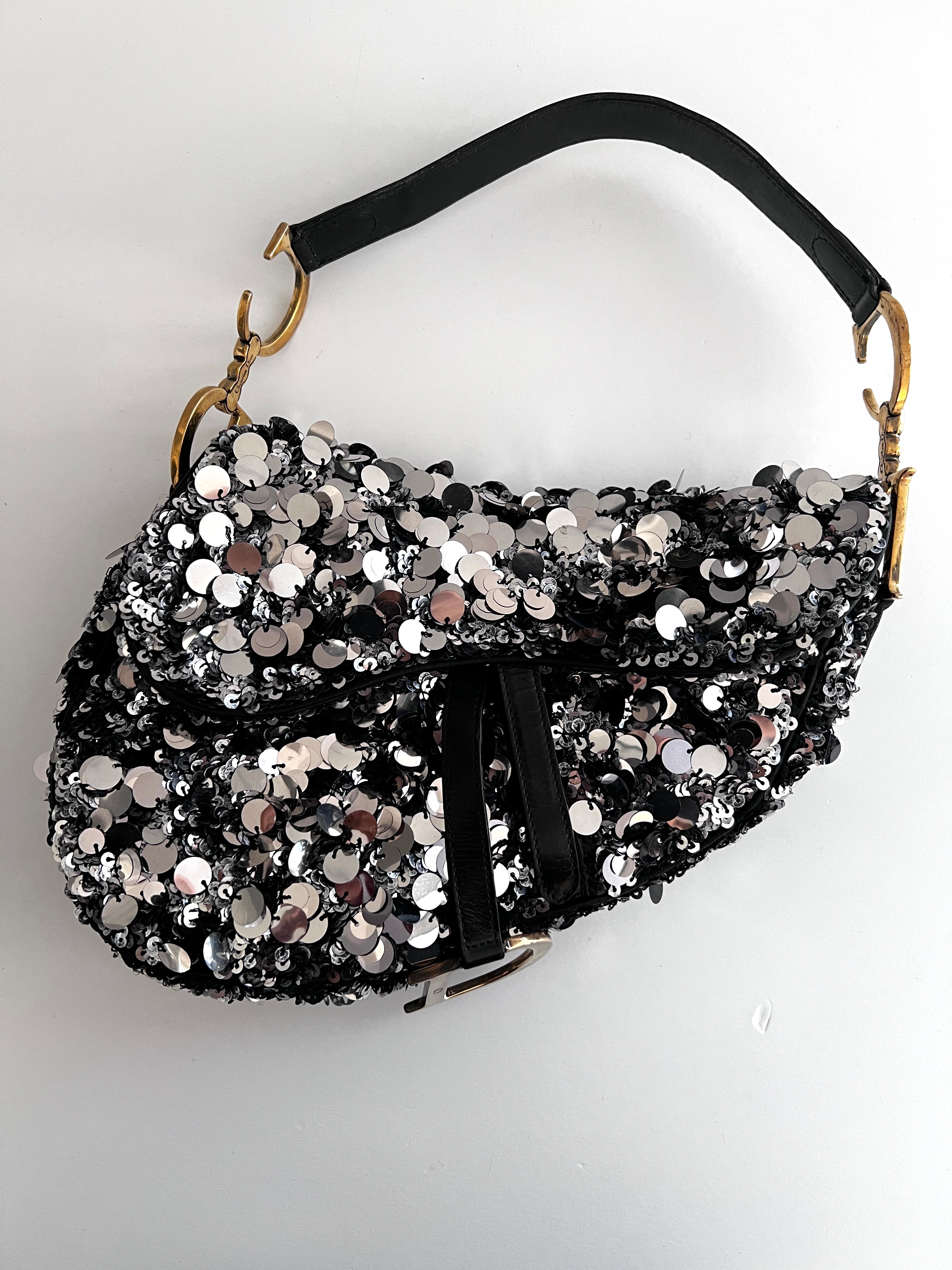 Dior Silver Sequin Saddle Bag for Women | Luxury Designer Handbag for Evening Parties, Weddings & Special Occasions