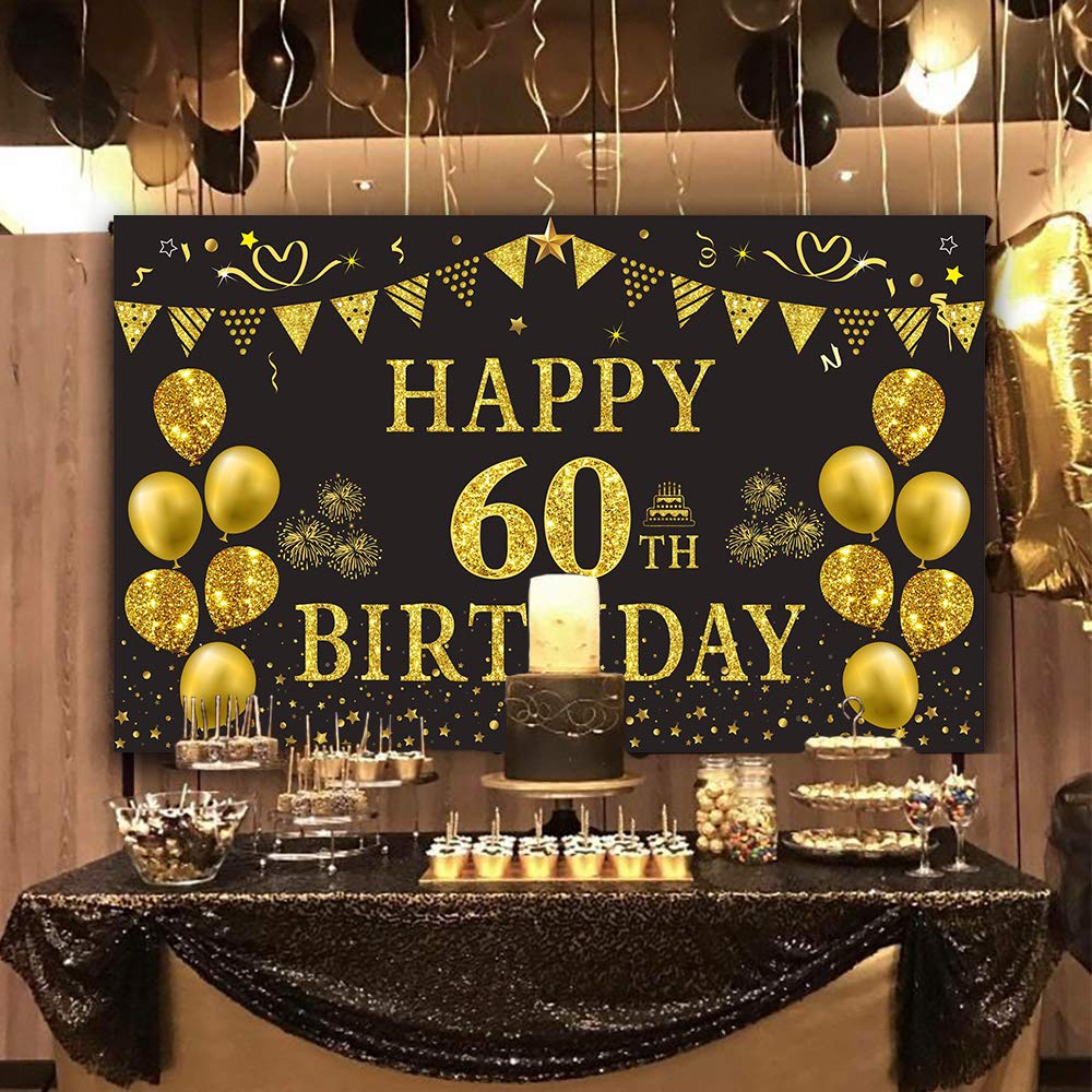 Trgowaul 60th Birthday Backdrop - 5.9x3.6ft Gold & Black Photography Background for Women & Men - Perfect for Milestone Birthday Parties, Photo Booths & Anniversary Celebrations