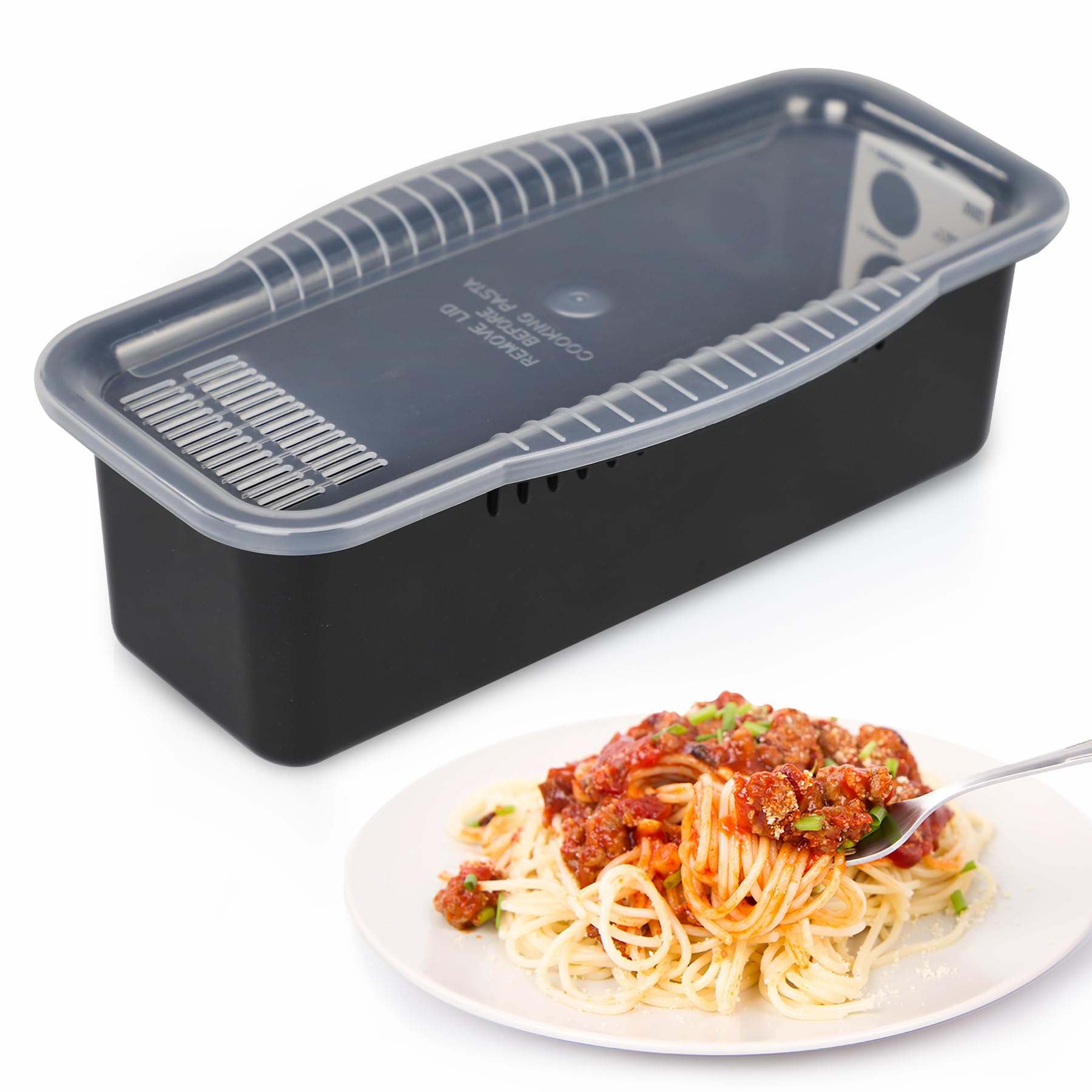 Microwave Pasta Cooker with Strainer Lid - 4 Serving Quick & Easy Pasta Maker | Perfect Spaghetti Cooker for Dorm, Kitchen & College Life (Black) | Ideal for Quick Meals, Student Cooking & Busy Lifestyles