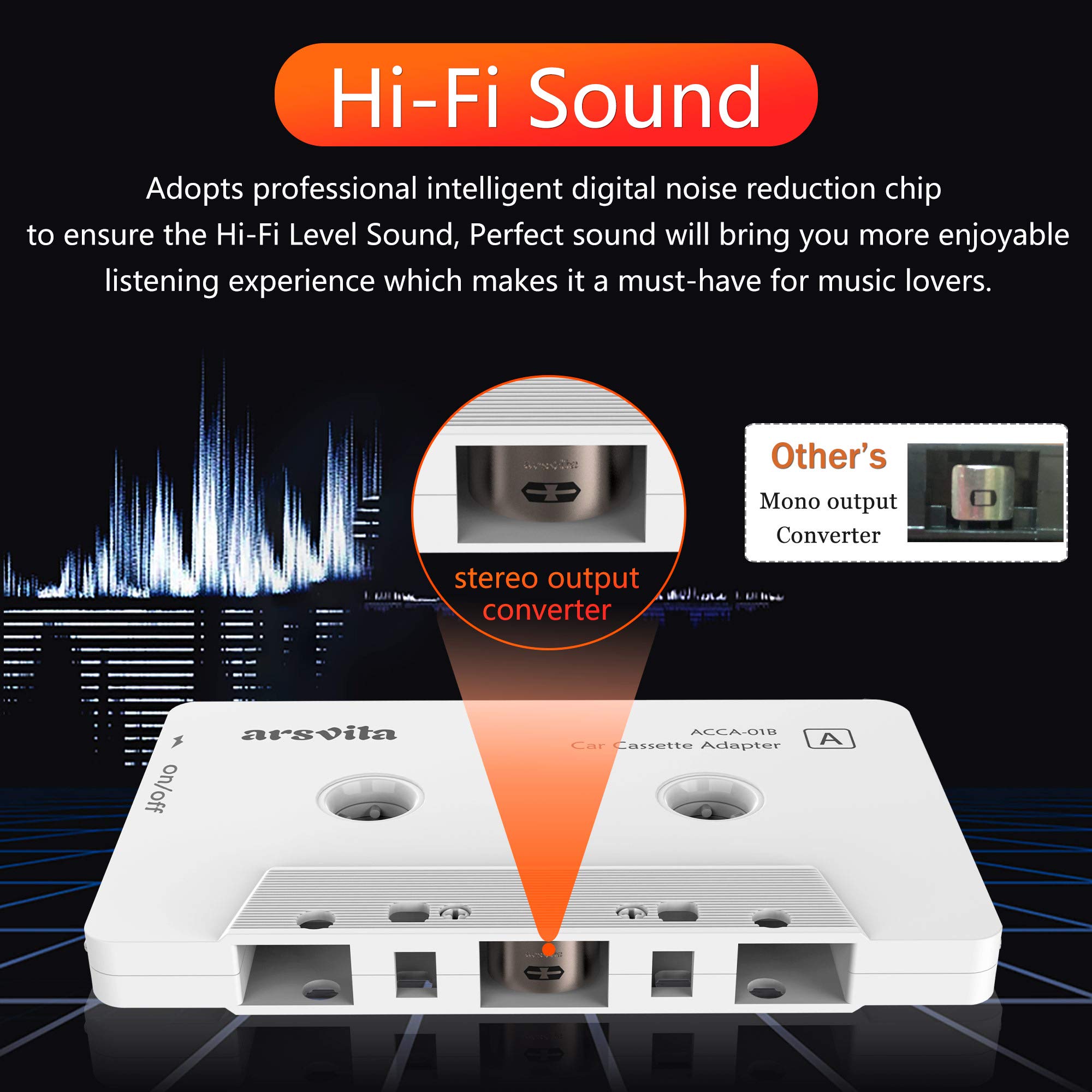 Arsvita Bluetooth 5.0 Cassette Adapter for Car Audio - White | Wireless Tape Player Aux Adapter | Perfect for Older Cars & Road Trips