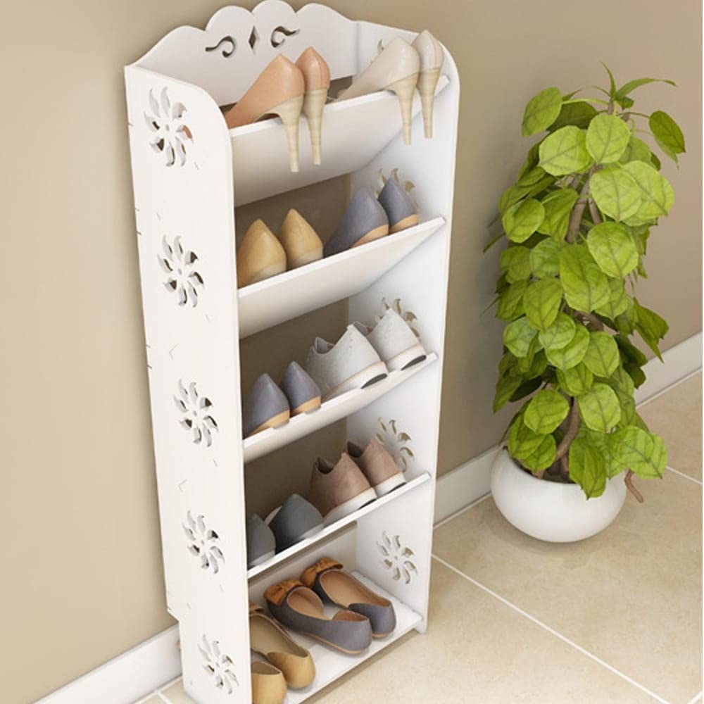 5-Tier White Wood-Plastic Shoe Rack with Bevel Carving - Space Saving Shoe Organizer for Entryway, Closet & Bedroom Storage - Includes Mounting Hardware