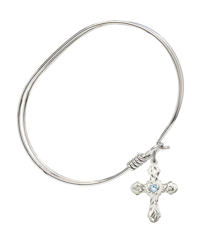 7 Inch Oval Eye Hook Bangle Bracelet with Cross Medal Charm and March Blue Crystal - Elegant Jewelry for Women, Perfect for Daily Wear, Parties, and Gifts