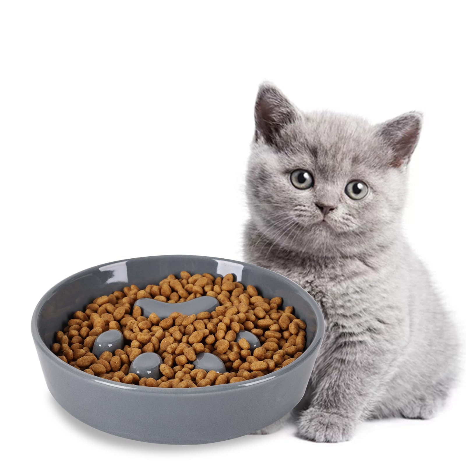 Ceramic Slow Feeder Cat Bowls - Fun & Interactive Cat Food Dish for Fast Eaters, Grey - Perfect for Portion Control & Preventing Bloat in Indoor Cats