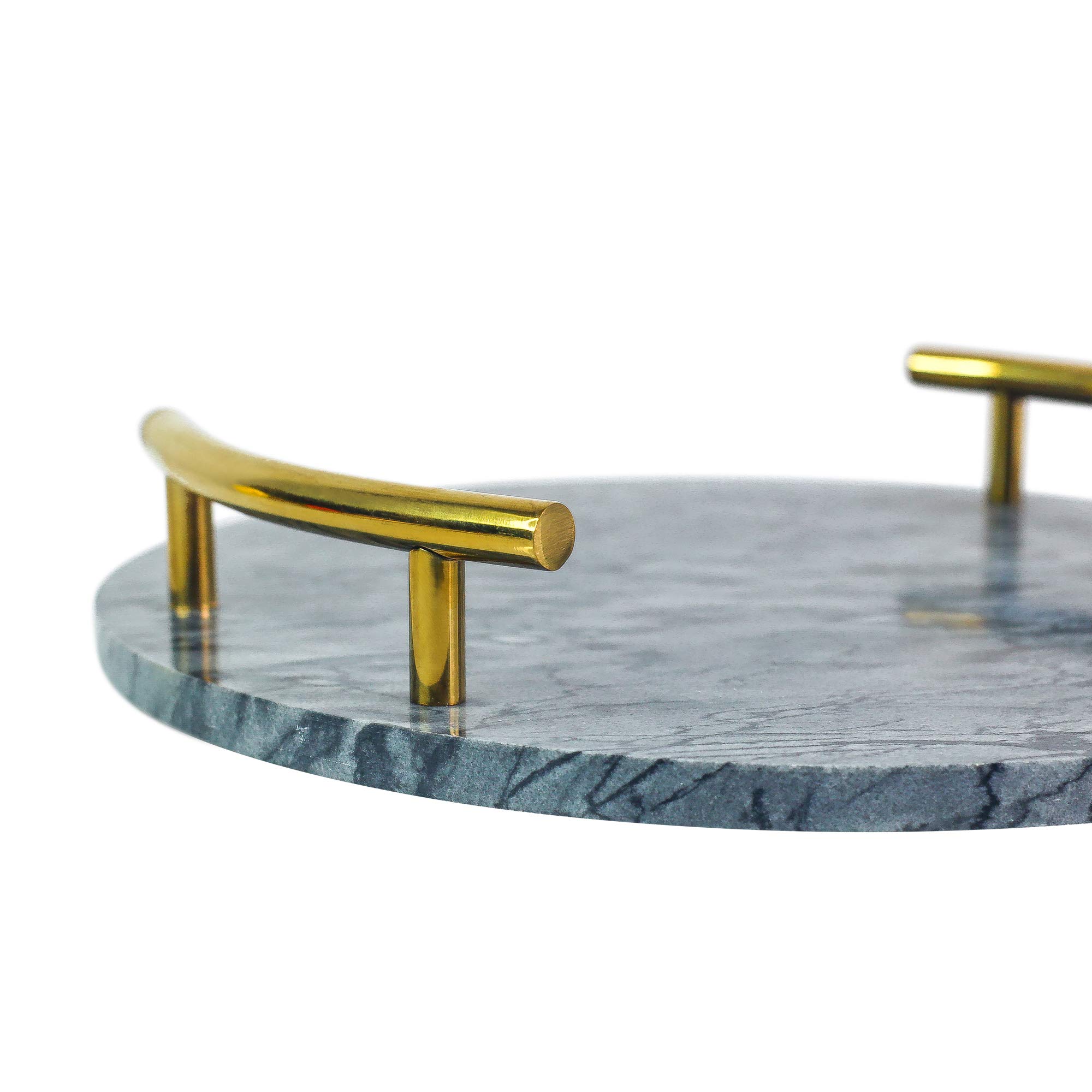 Grey Marble Round Decorative Tray with Gold Handles - Multipurpose, Spacious, Durable for Home Decor, Bathroom Organizer, or Coffee Table Centerpiece