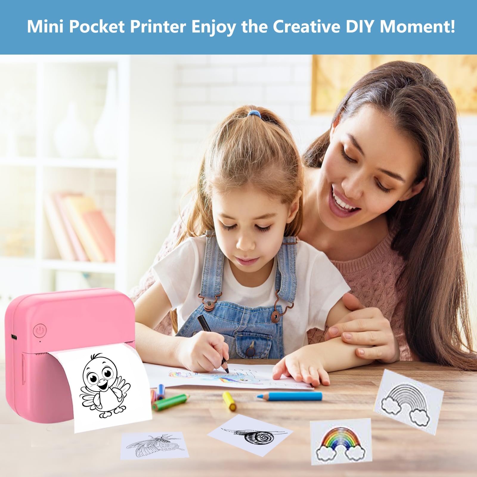 Mini Pocket Inkless Thermal Sticker Printer for iOS & Android - Portable Photo Printer with 10 Rolls Thermal Paper - Perfect for Notes, Journals, Memos & Study (Pink) | Great for DIY Crafts, Scrapbooking & Instant Photo Sharing