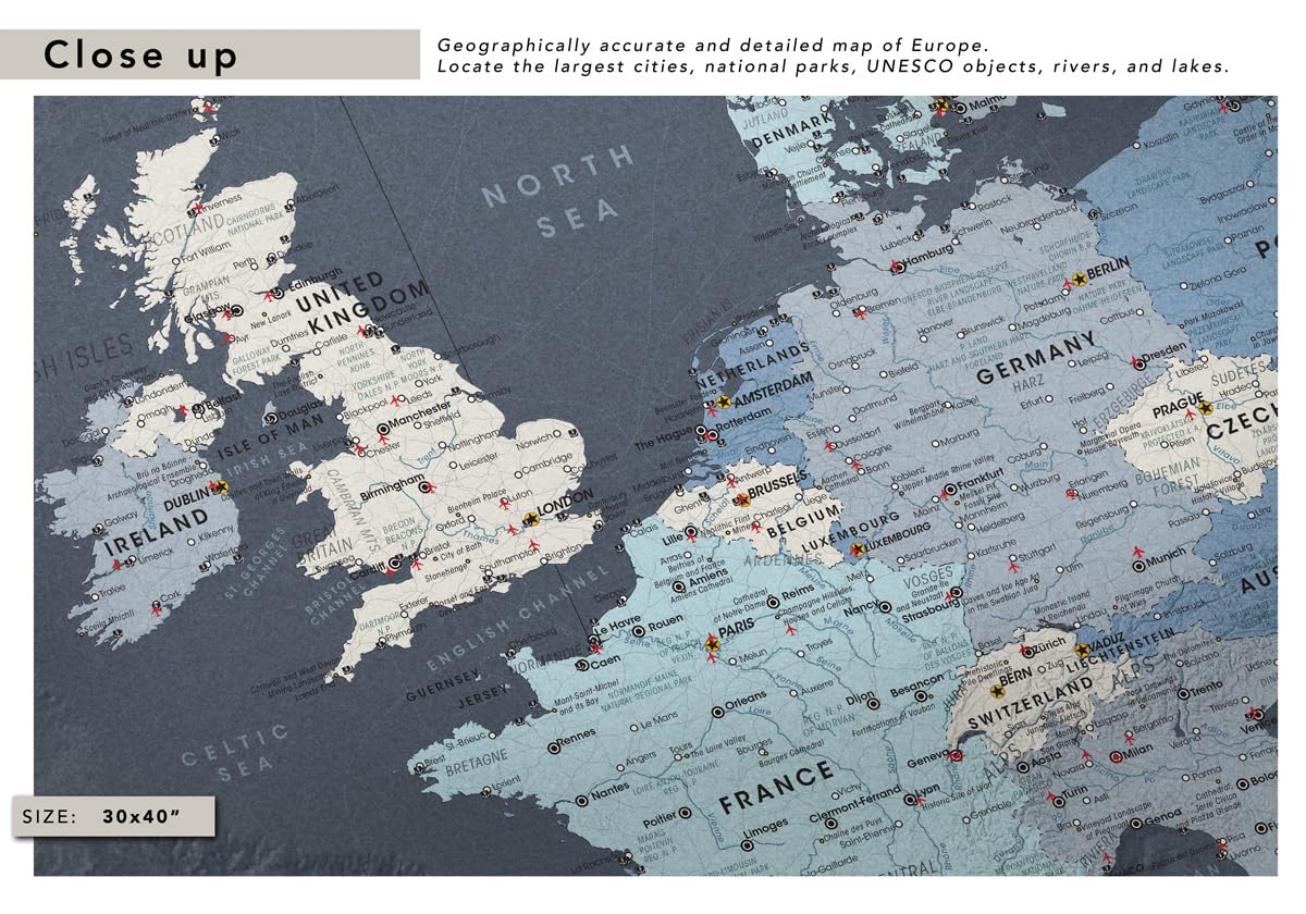Personalized Framed Travel Map of Europe with Push Pins - Customizable Detailed Wall Map for Home & Office Decor - Perfect for Travel Memories, Gifts & Adventure Planning