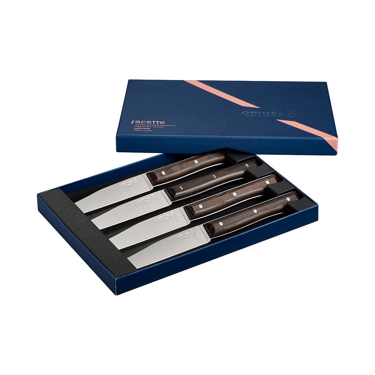 Opinel Facette Steak Knives Set of 4 - Premium Dark Ash Wood Handles - Perfect for Steakhouse Dining & Outdoor BBQs