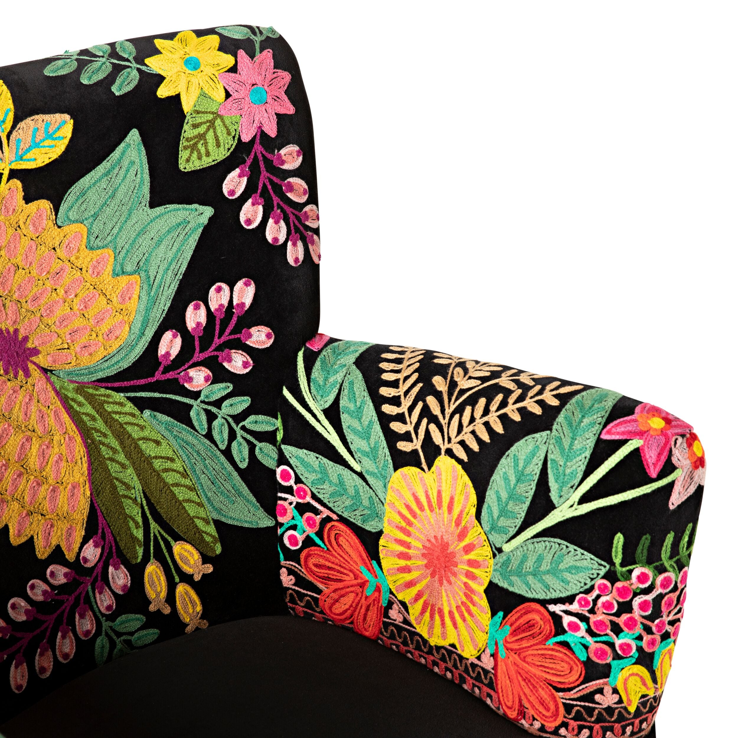 Blossom Embroidered Armchair Black - Elegant Floral Design Accent Chair for Living Room, Bedroom & Office Decor