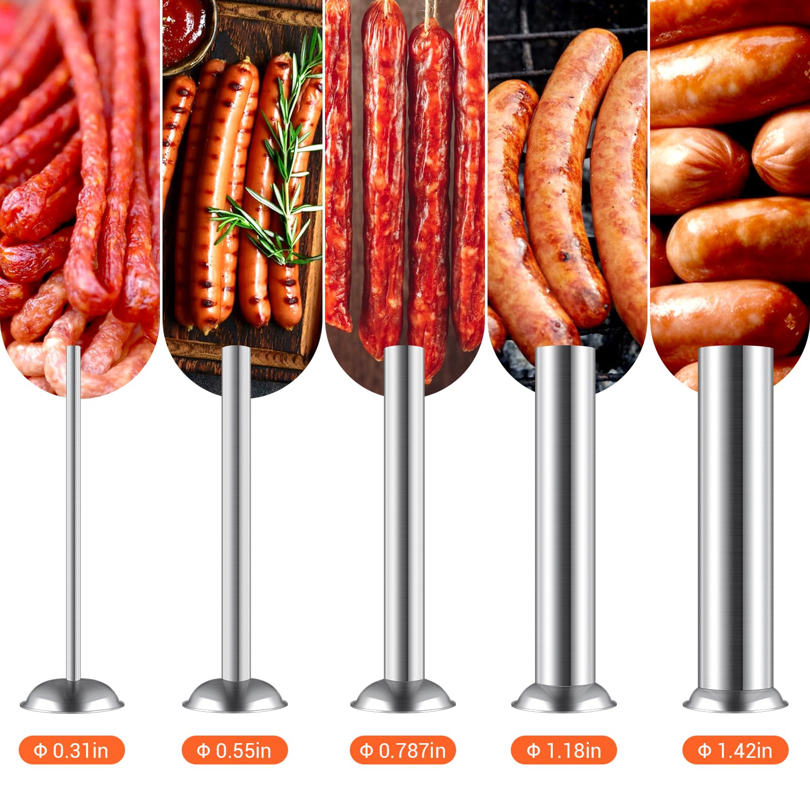 **7Lb/3L Stainless Steel Sausage Stuffer Maker - 304 Adjustable 2-Speed with 5 Filling Tubes (Silver) - Perfect for Home Kitchen, BBQ, and Sausage Making**