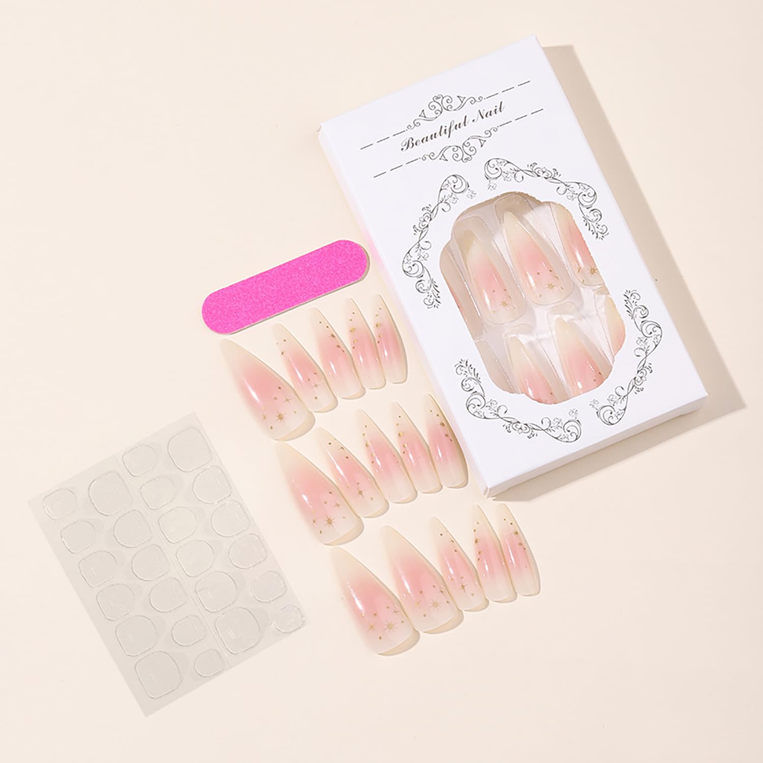 Medium Long Almond Acrylic Fake Nails - Star Design Gradient Stiletto Nude Press On Nails for Women, Full Cover Glue On Artificial Nails for Party, Wedding, Prom & Special Occasions