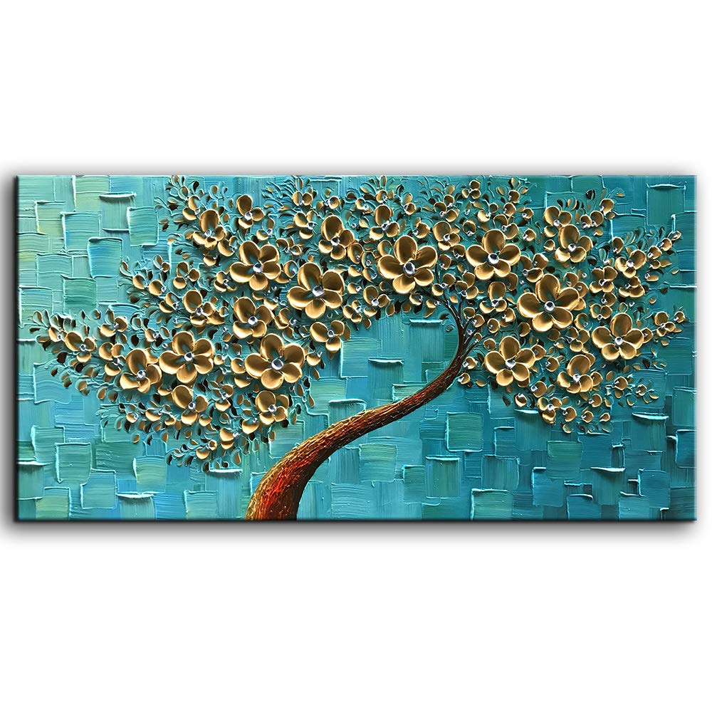 YaSheng Art - Handmade Golden Flowers Oil Painting on Canvas, Abstract Tree Texture Palette Knife Artwork, Modern Wall Decor for Bedroom, Living Room & Office (24x48 Inch) - Perfect for Home Decor, Housewarming Gifts & Interior Design