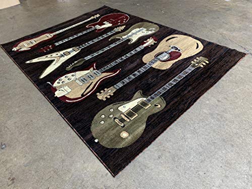 Americana Musical Theme Guitar Area Rug - 8x10.5 Feet Black Burgundy Brown Beige Design for Living Room, Bedroom & Music Studio Decor