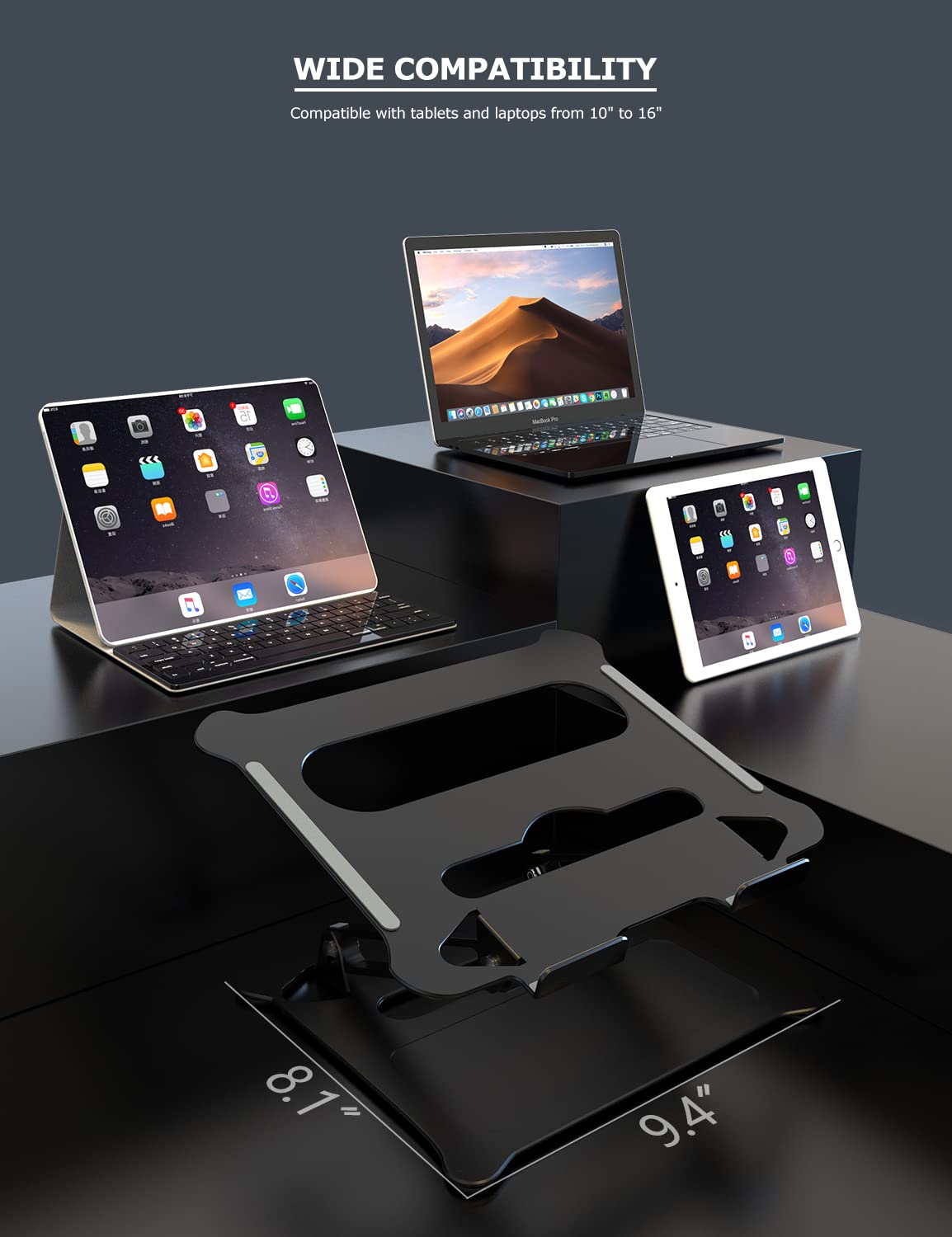 PHOCAR Adjustable Aluminum Laptop Stand for Desk - Foldable & Portable Laptop Riser Holder Compatible with MacBook Air/Pro, HP, Lenovo, Surface, Dell, ASUS (Up to 18 Inch) - Black | Perfect for Home Office, Workstation & Travel Use