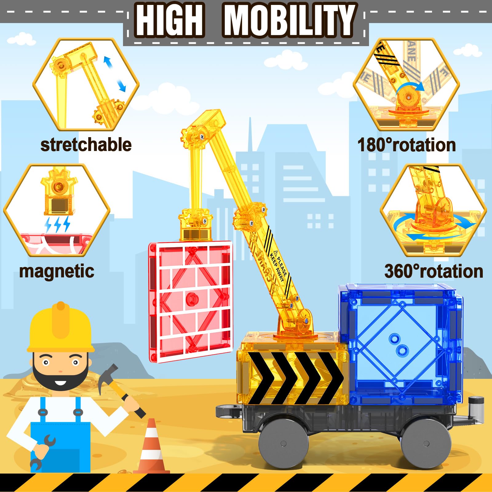 Magnetic Building Blocks Set with Road Tiles & Crane Car - STEM Construction Toys for Kids Ages 3-8, Creative Educational Toys for Toddlers - Perfect Gift for 3+ Year Old Boys & Girls - Great for Classroom, Playroom & Birthday Parties