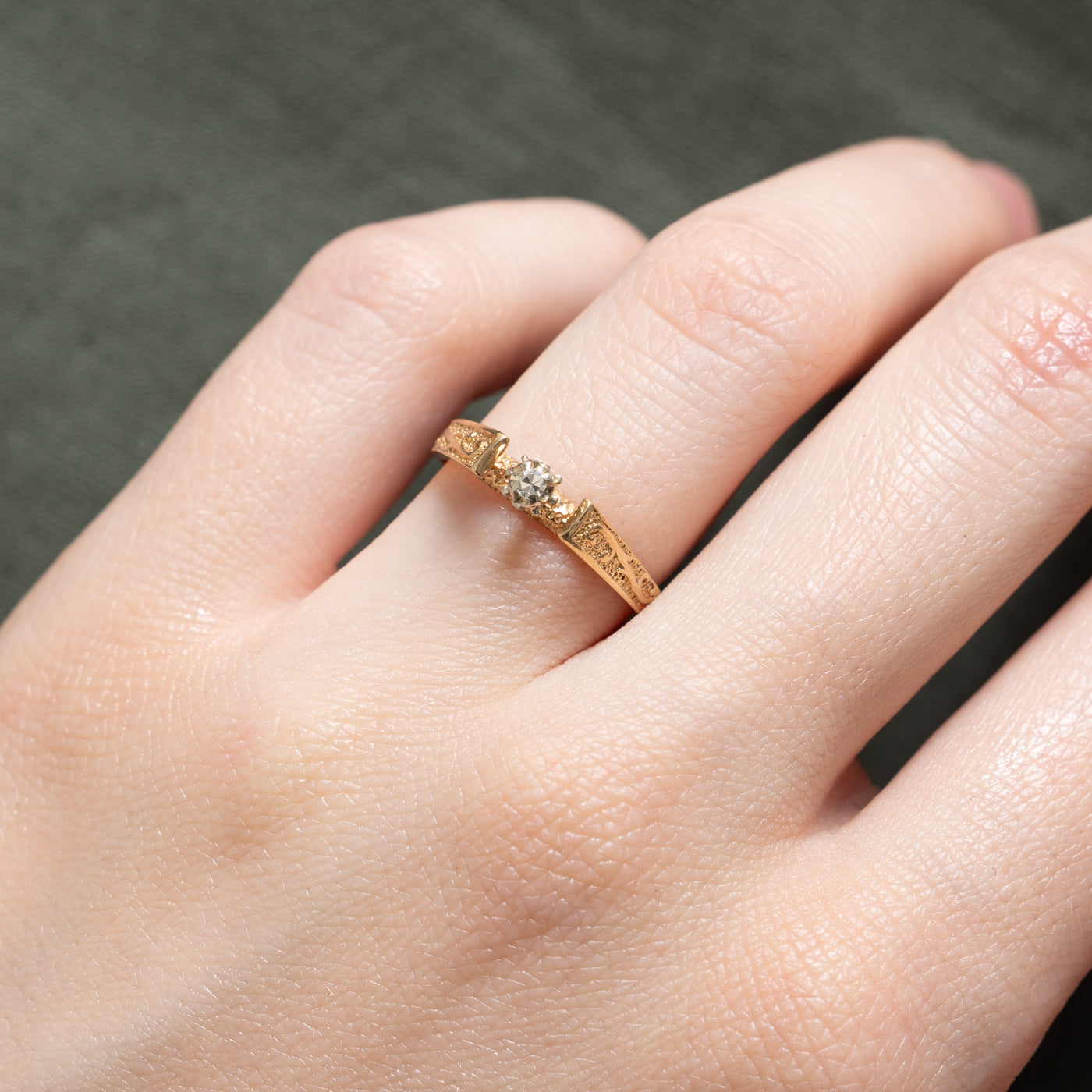 14K Gold High Set Diamond Textured Ring - 0.025ct Round Cut Solitaire Engagement Ring - Size 5.25 - Perfect for Wedding, Proposal & Anniversary Gifts