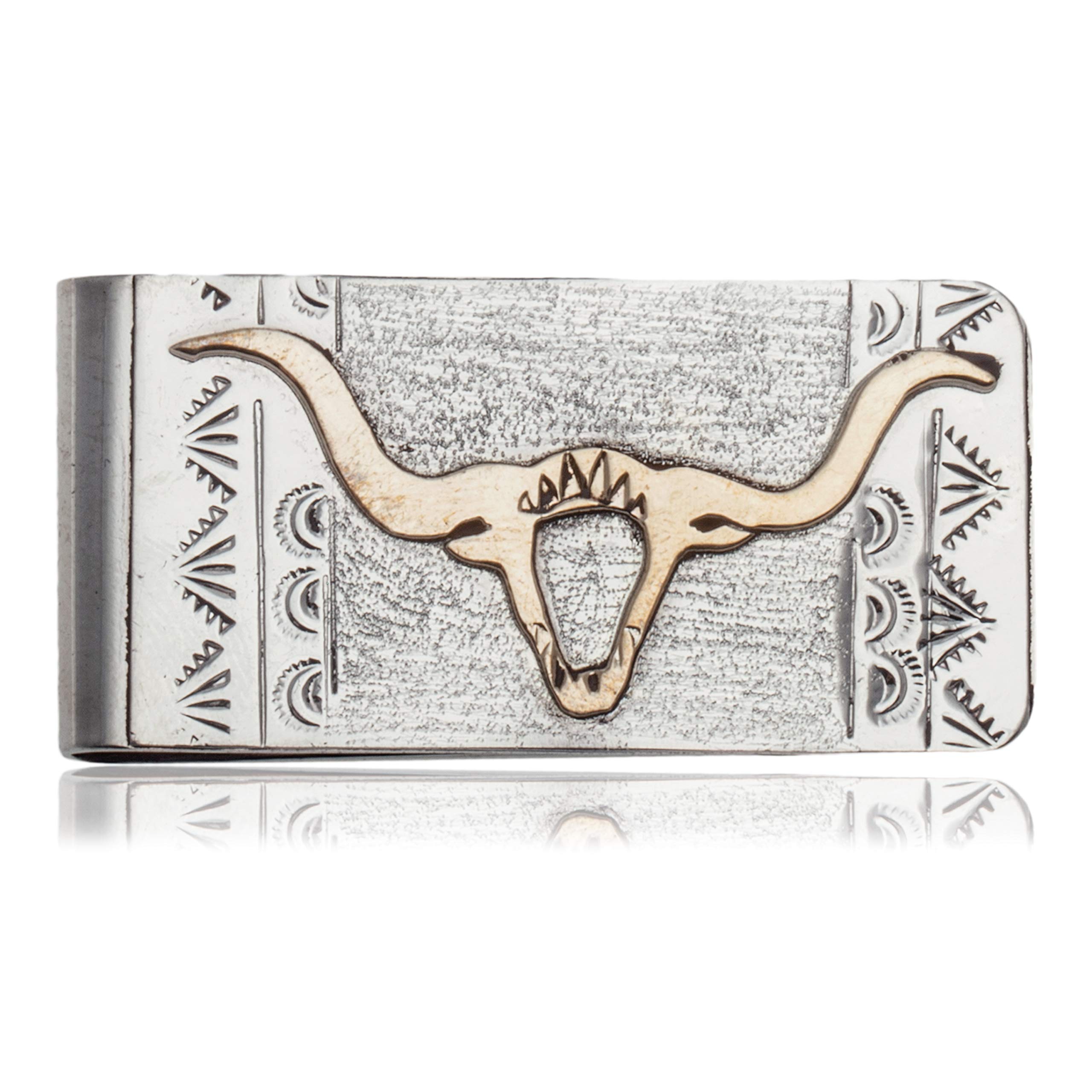 12kt Gold Filled Silver Bull Skull Navajo Native American Money Clip - Certified Handmade by Loma Siiva - Perfect for Gifts & Western Style Accessories