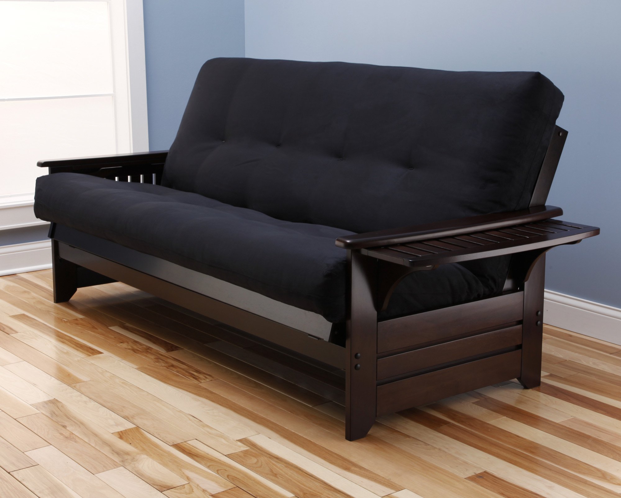 Queen Size Phoenix Espresso Wooden Sofa Bed Frame with 7-Inch Microfiber Suede Mattress - Convertible Futon Set for Living Room, Guest Room & Small Spaces (Black, Frame Only - Queen Size)