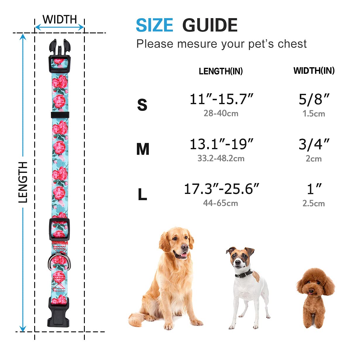 Rhea Rose Floral Print Dog Collar for Girls - Summer Flower Pet Collar, Turquoise, Medium Size | Perfect for Outdoor Walks, Pet Parties & Photo Shoots