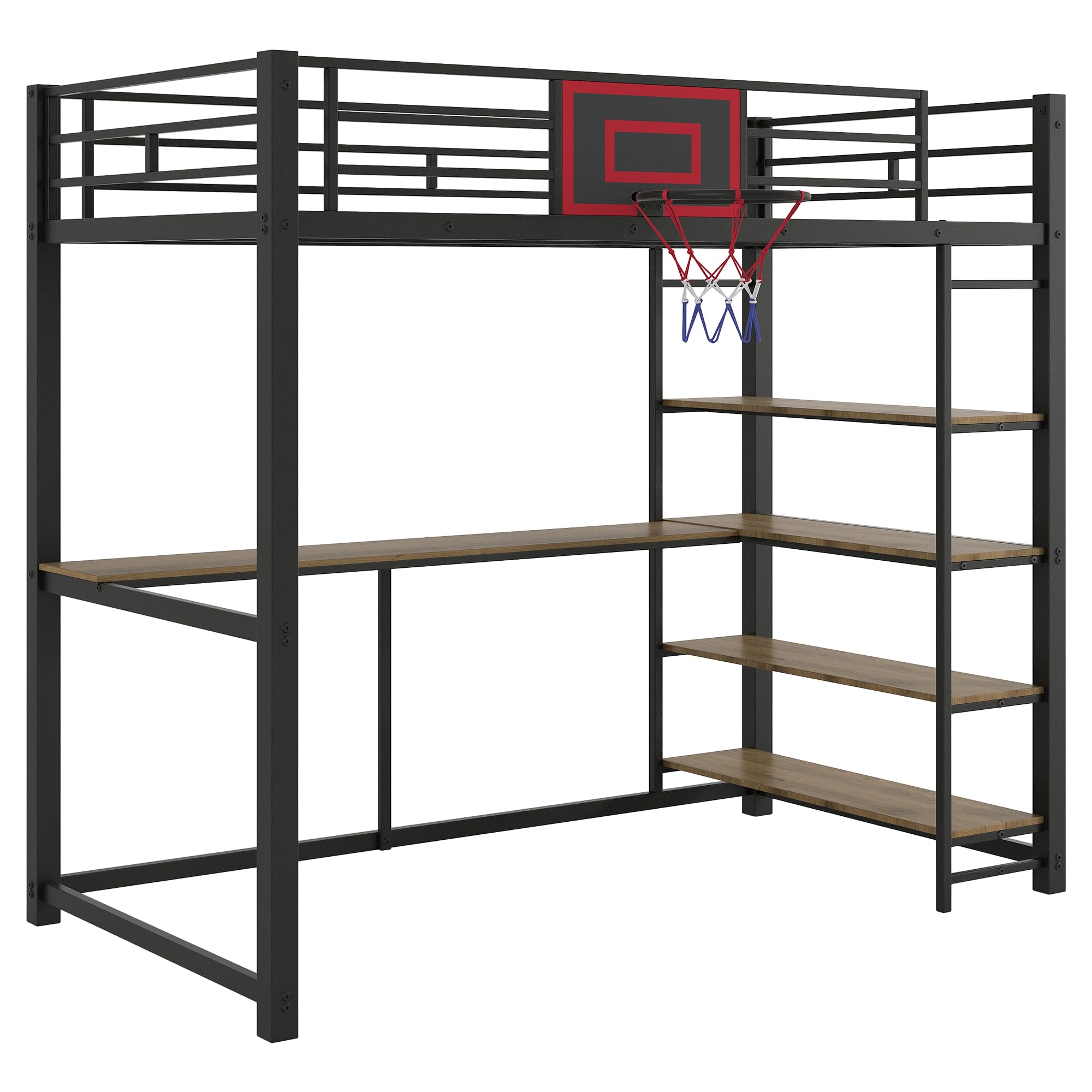 HABITRIO Twin Size Loft Bed with Shelves, Desk & Basketball Hoop - Sturdy Metal Frame for Kids & Teens - Space-Saving Study & Play Solution for Small Bedrooms (Black)