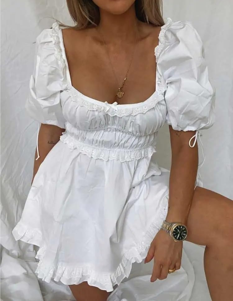 Sexy White Puff Sleeve Mini Dress with Ruffle Trim & Square Neckline - Elastic Bust Summer Party Dress for Women | Perfect for Cocktail Parties, Date Nights & Special Occasions