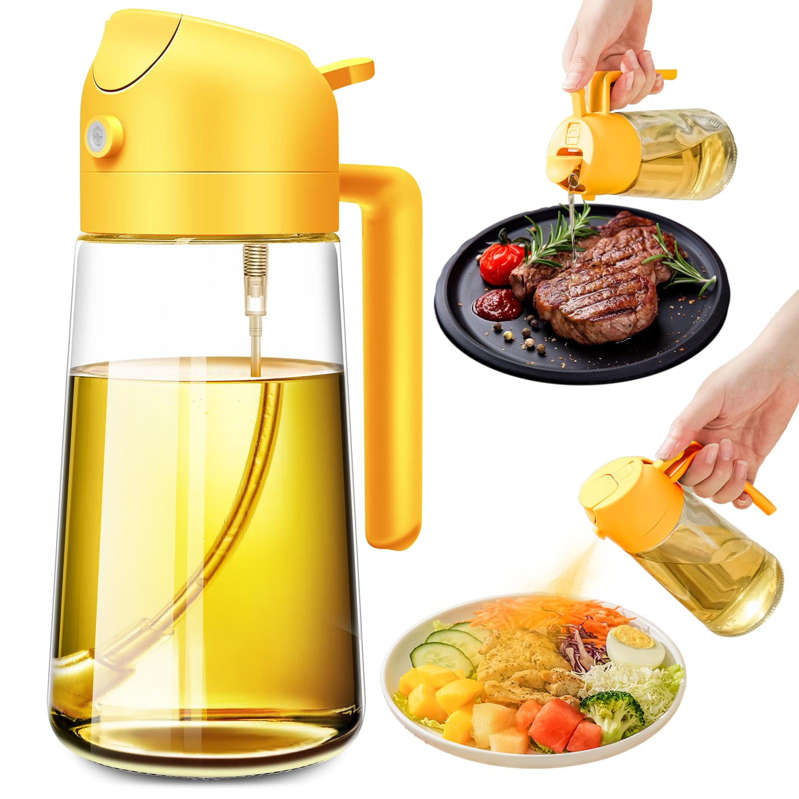 2 in 1 Oil Dispenser & Sprayer - 17oz/500ml Glass Olive Oil Bottle with Sprayer for Cooking, Kitchen, Salad, BBQ, Air Fryer - Perfect for Healthy Cooking, Baking & Grilling (Orange)