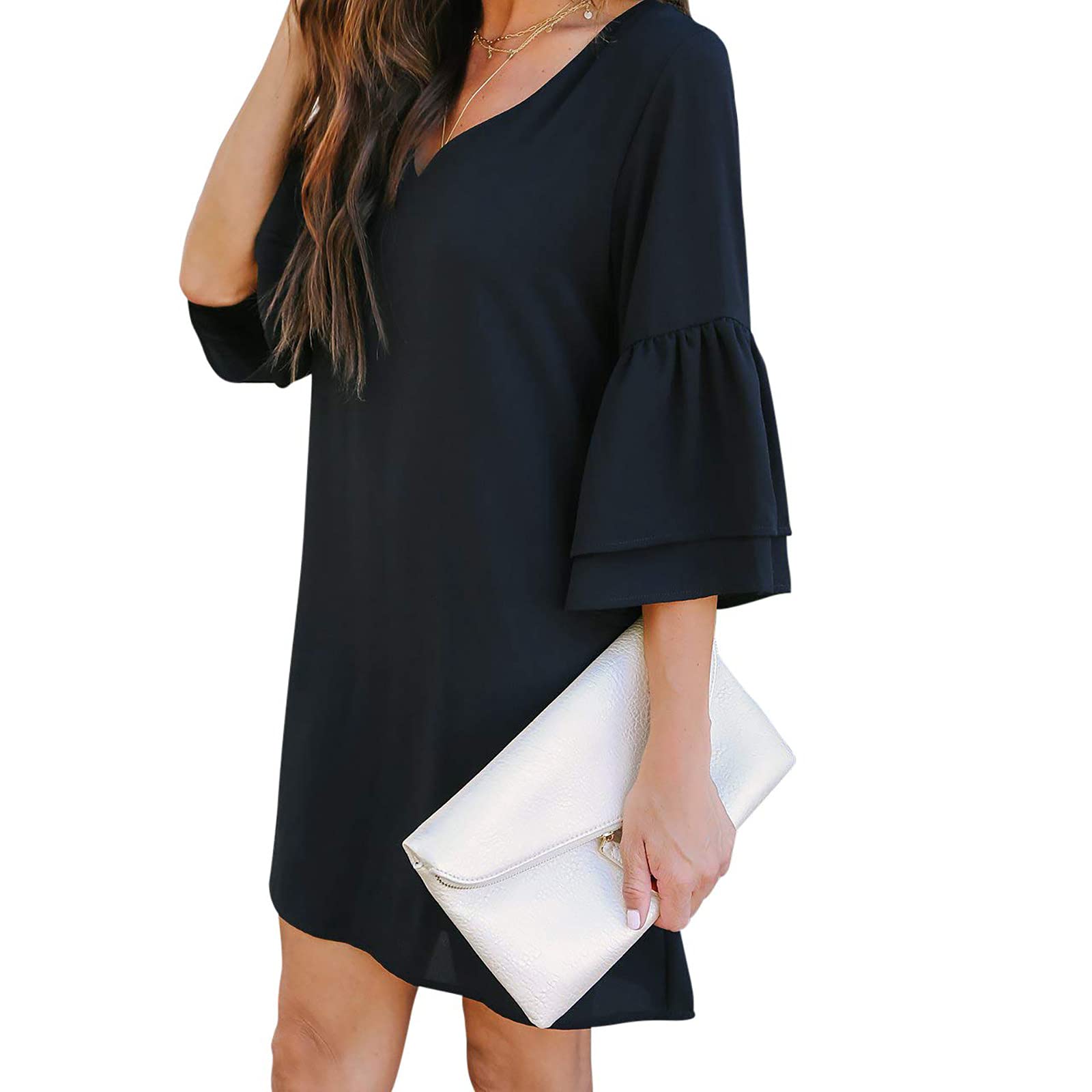 TIMIFIS Women's Summer Casual Mini Dress - Sexy V-Neck Bell Sleeve Loose Beach Dress in Solid Colors | Perfect for Vacations, Date Nights & Outdoor Parties