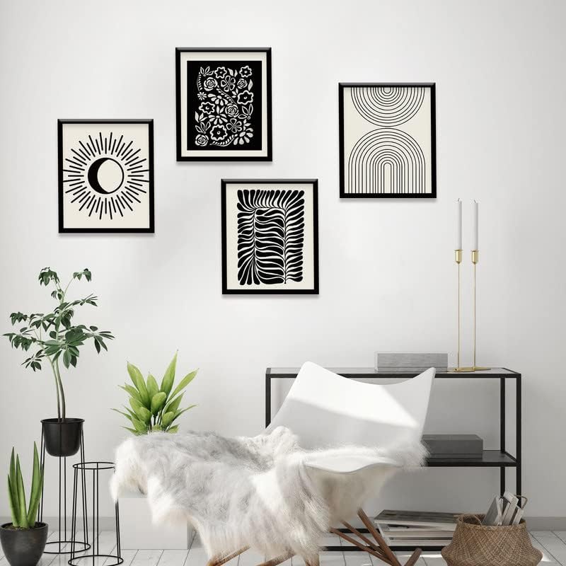 Minimalist Boho Canvas Wall Art Set of 4 - Black & Beige Flower Leaf Line Art Paintings, Mid-Century Modern Gallery Wall Prints for Bedroom, Living Room, Bathroom Decor | Perfect for Boho, Scandinavian & Farmhouse Style Homes