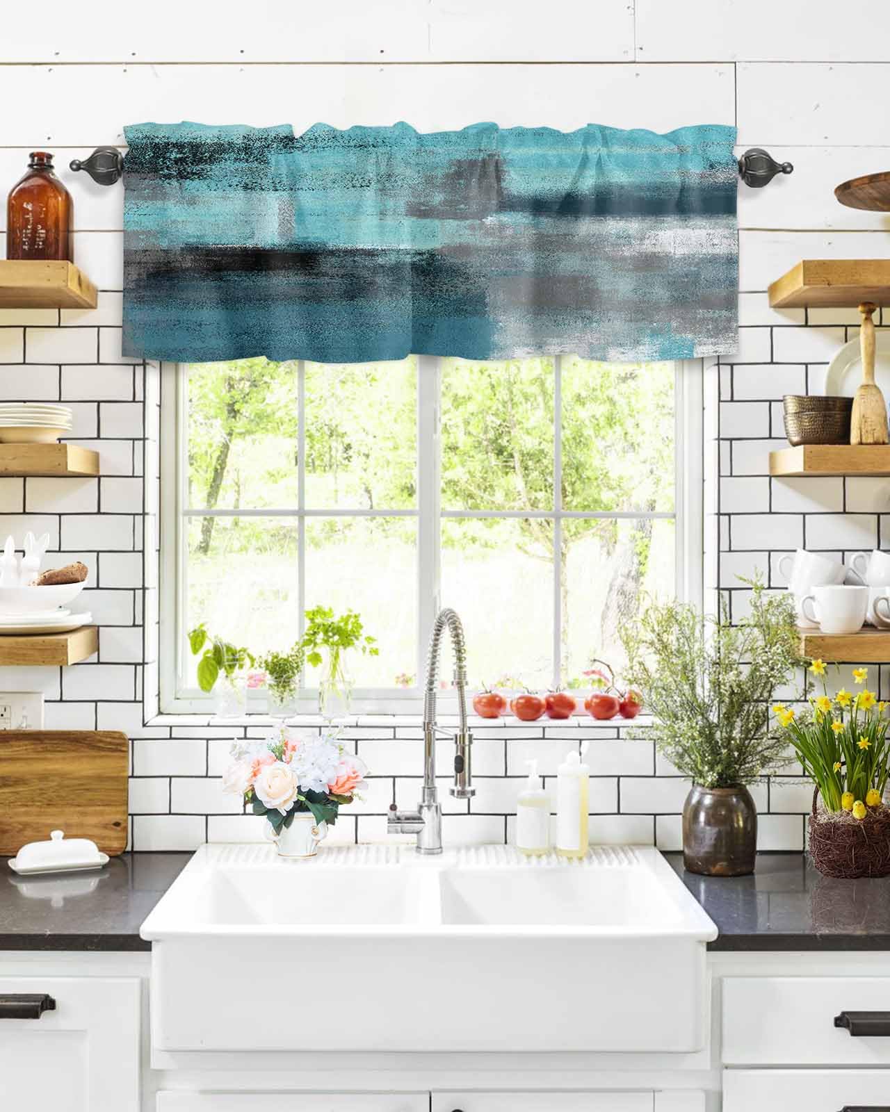 Abstract Graffiti Valance - Turquoise & Grey Art Window Treatment for Farmhouse & Bedroom Decor