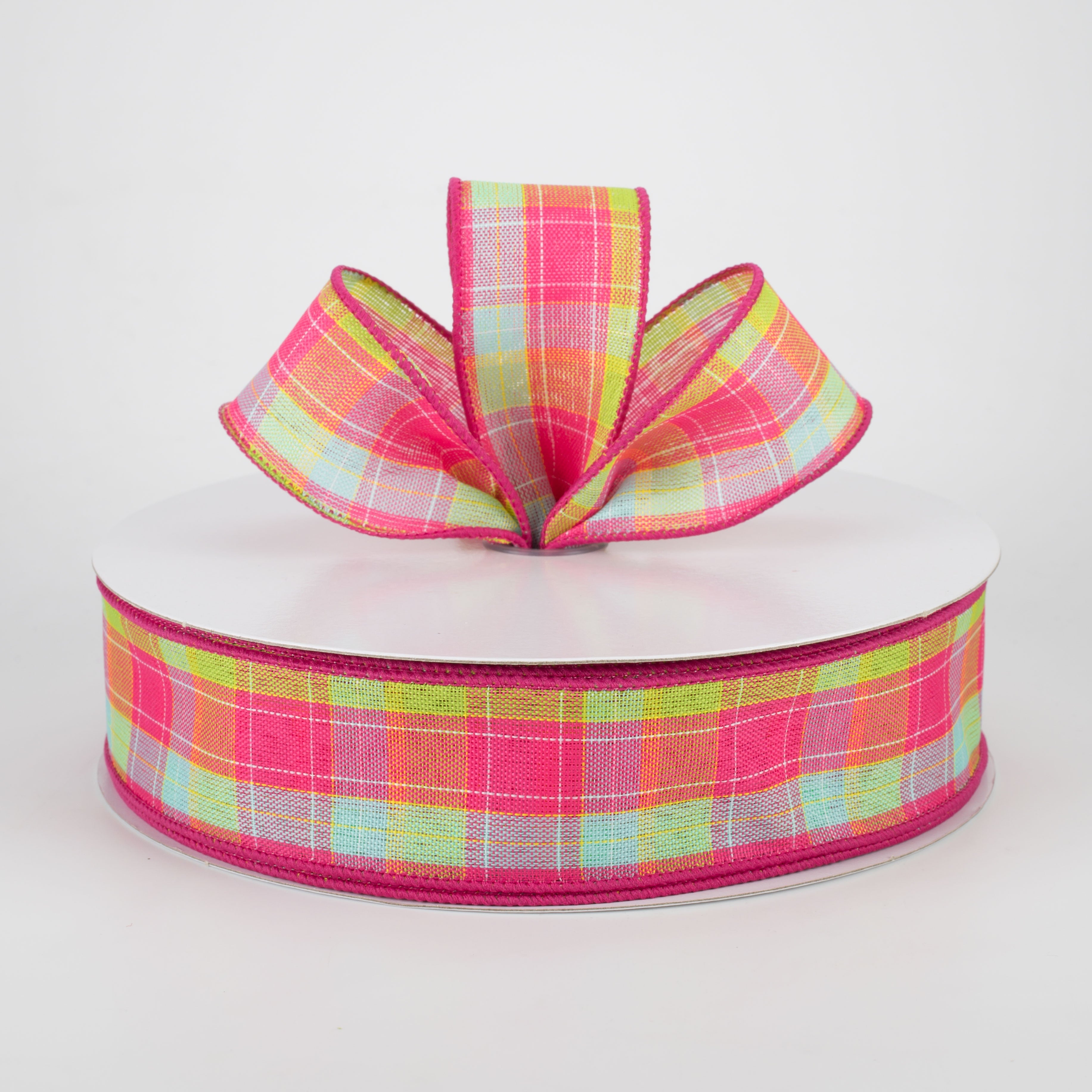 1.5 Inch Emily Plaid Ribbon - Fuchsia, Aqua, Lime, Yellow (50 Yards) for Gift Wrapping, DIY Crafts, Scrapbooking, Hair Bows and Party Decorations