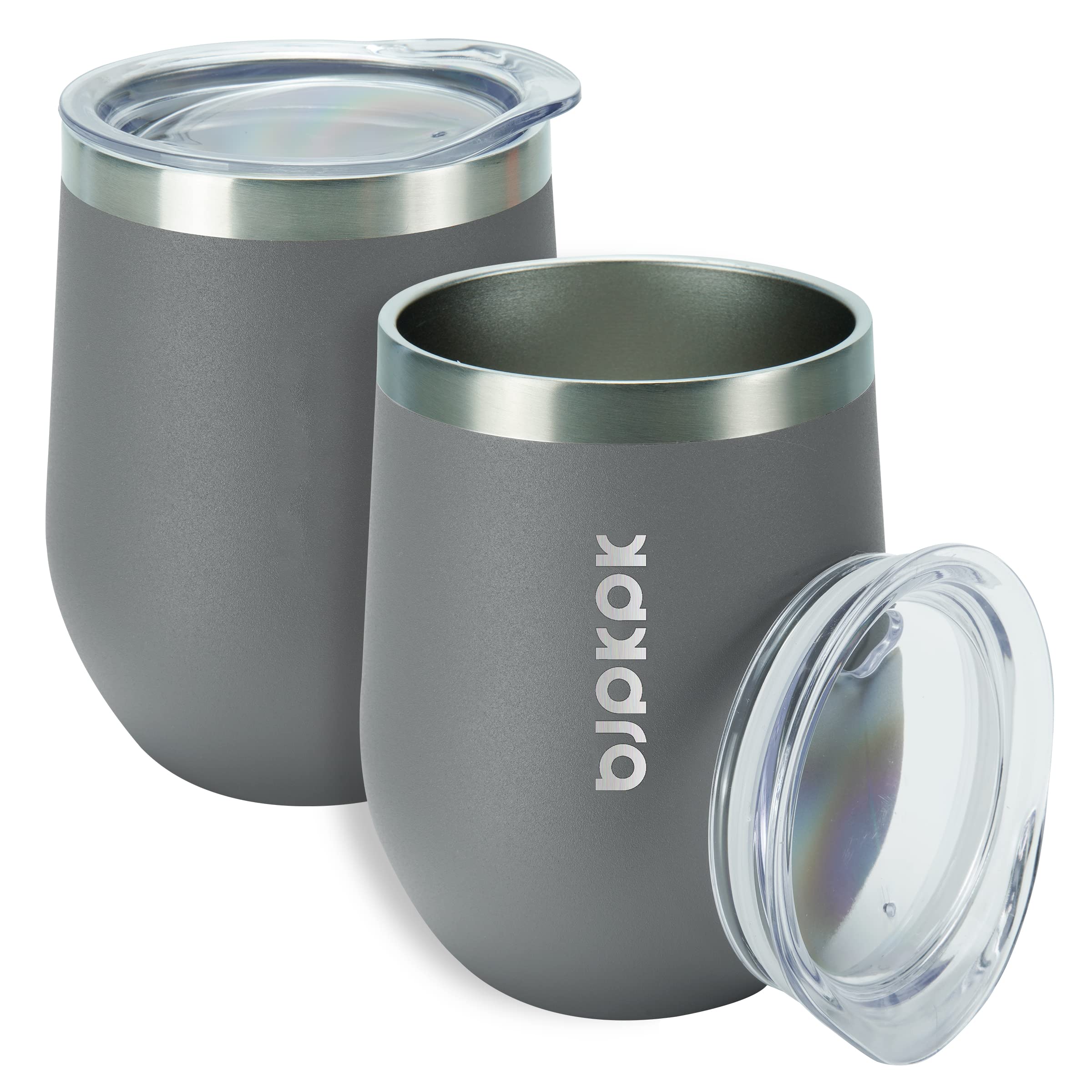 BJPKPK 2-Pack 12oz Insulated Stainless Steel Wine Tumblers - Double Wall Vacuum Coffee Mugs with Lids, Unbreakable Wine Glasses for Hot & Cold Drinks - Perfect for Home, Office, Camping & Outdoor Picnics (Gray)