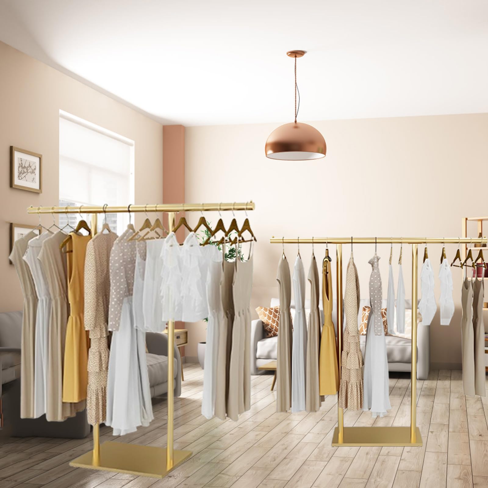 Premium Gold Clothing Rack for Boutique - Double Pole Supported Stable Metal Garment Display Stand - Freestanding Retail Clothes Rack for Bedroom, Laundry Room & Store (39.37