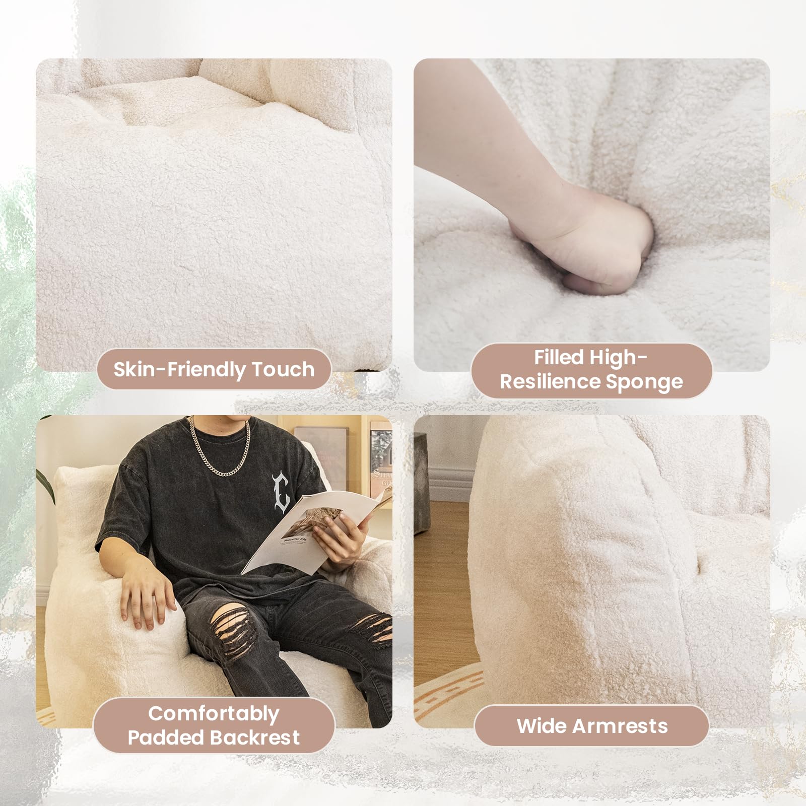 Premium Memory Foam Bean Bag Chair with Soft Tufted Filling - Ultra Comfortable Fluffy Lounge Sofa for Dorm, Apartment & Living Room - Perfect for Relaxing, Gaming & Movie Nights (White)