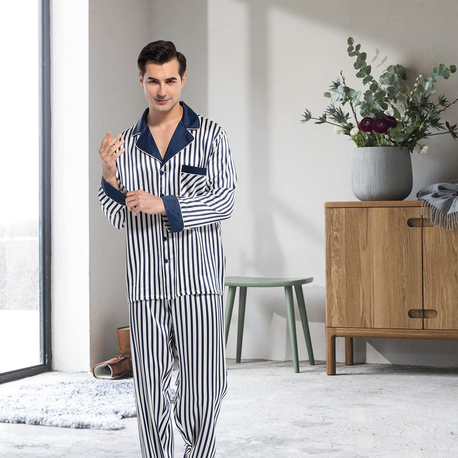 Luxury Men's Silk Pajama Set - 2PC Long Sleeve Button Down Sleepwear for Men | Soft & Breathable Silk PJs for Lounge, Travel & Gift Giving