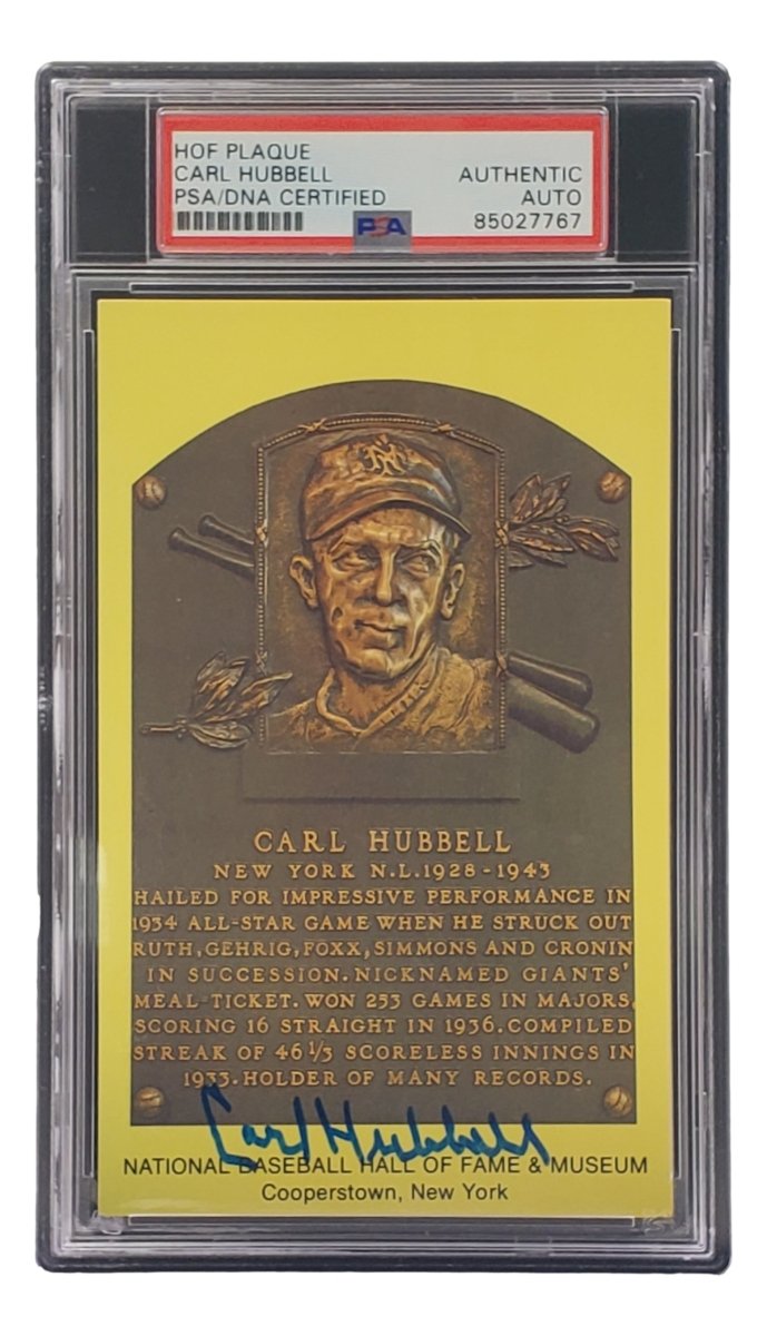 Carl Hubbell Autographed 4x6 New York Giants Hall of Fame Plaque Card with PSA/DNA Certification #85027767 - Perfect for Sports Memorabilia Collectors and Giants Fans Display