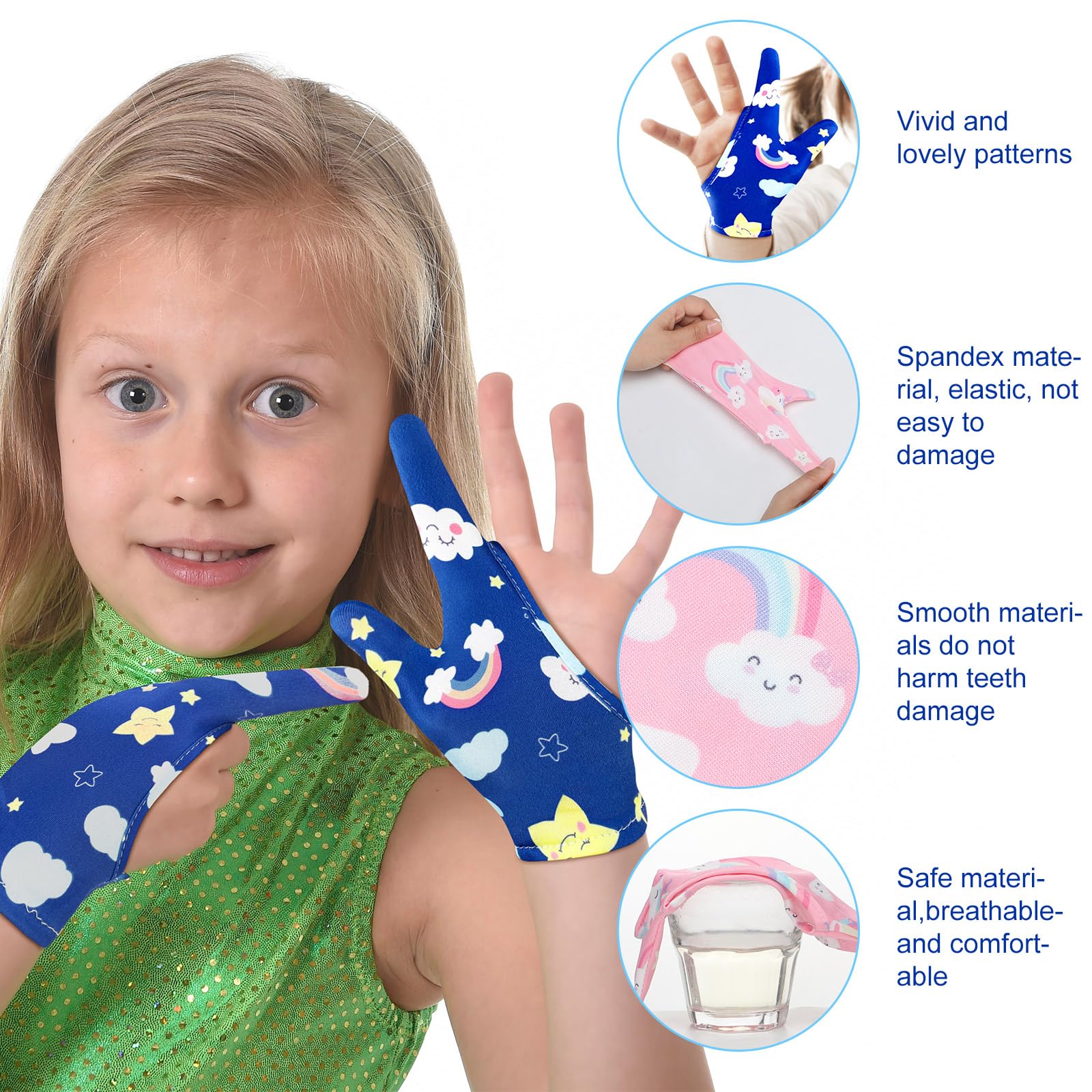 Janmercy 16 Pcs Thumb Sucking Prevention Gloves for Kids - Breathable Finger Guards to Stop Nail Biting & Thumb Sucking - 8 Adorable Styles (2 Finger Design for Ages 8-12) - Perfect for Daytime Play & Overnight Protection