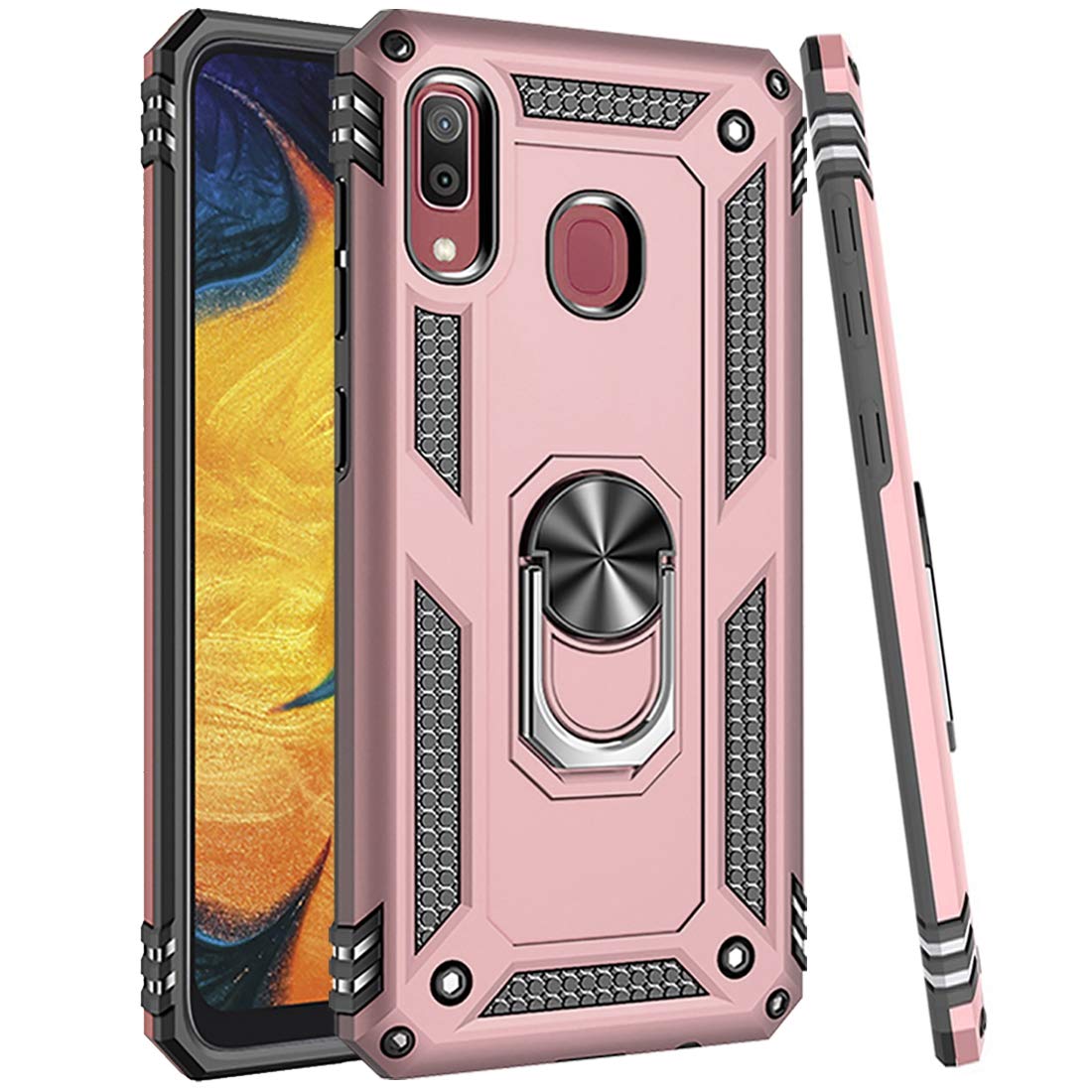 Military Grade Magnetic Car Mount Case for Samsung Galaxy A20/A30 - Rose Gold Protective Cover with Kickstand & Ring Holder | Perfect for Driving, Work & Everyday Use