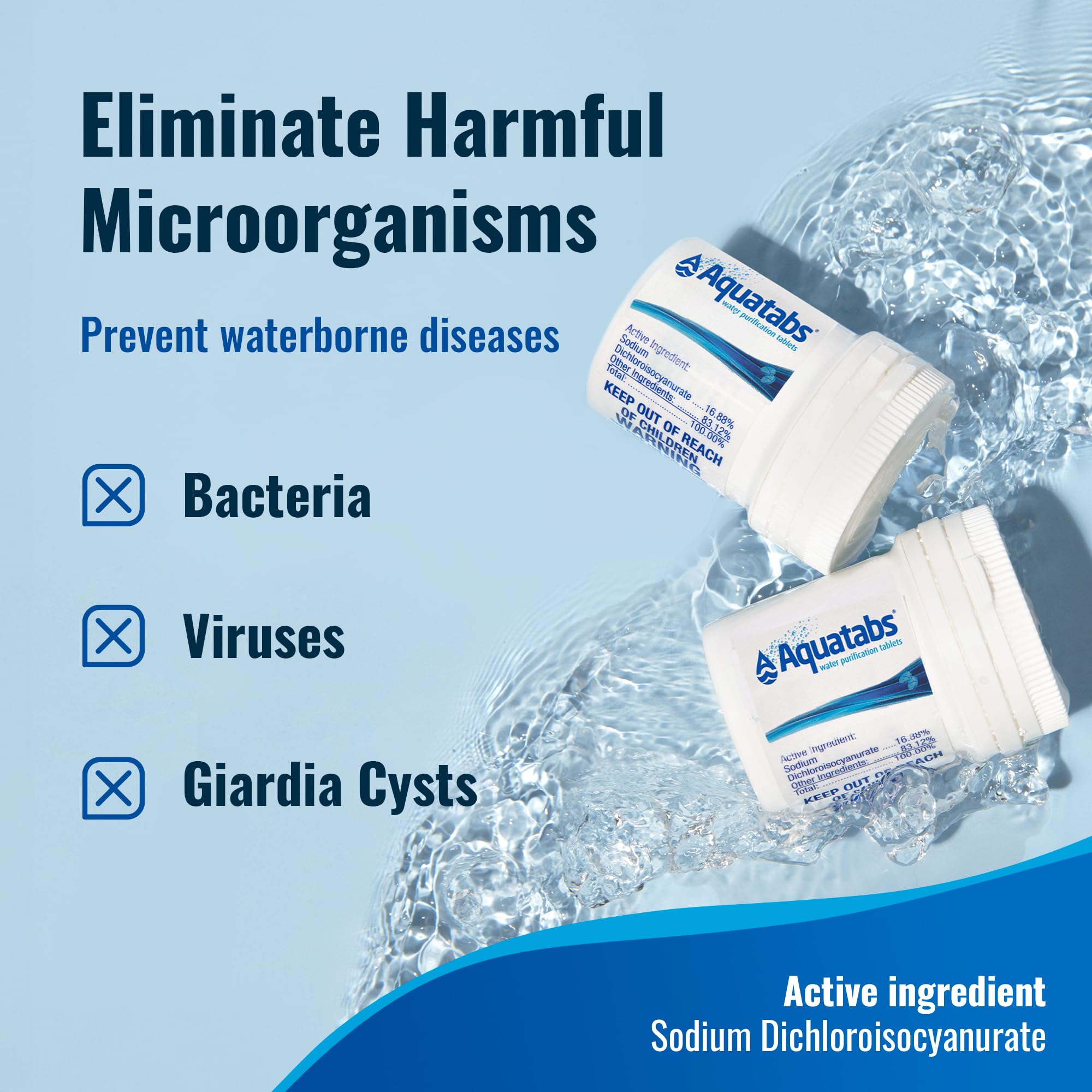 Aquatabs Water Purification Tablets (200 Count) with 50 Chlorine Test Strips - Emergency Water Treatment Kit for Camping, Hiking, Travel, Boating & RV - Safe Drinking Water Solution by Aquamarine