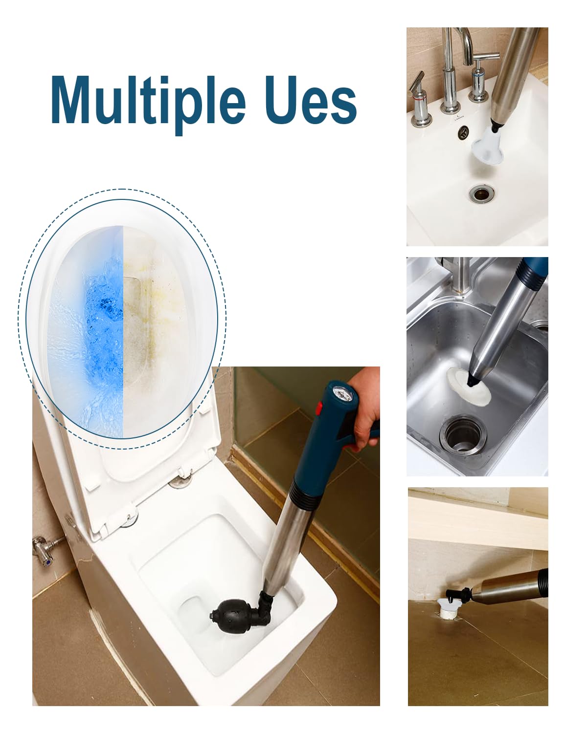 Electric Toilet Plunger with High Pressure Air Pump - Heavy Duty Drain Clog Remover Tool with Built-In Battery - Powerful Air Drain Blaster for Toilets, Sink, Bathtubs & Floor Drains (Blue) - Perfect for Home, RV & Commercial Plumbing Emergencies