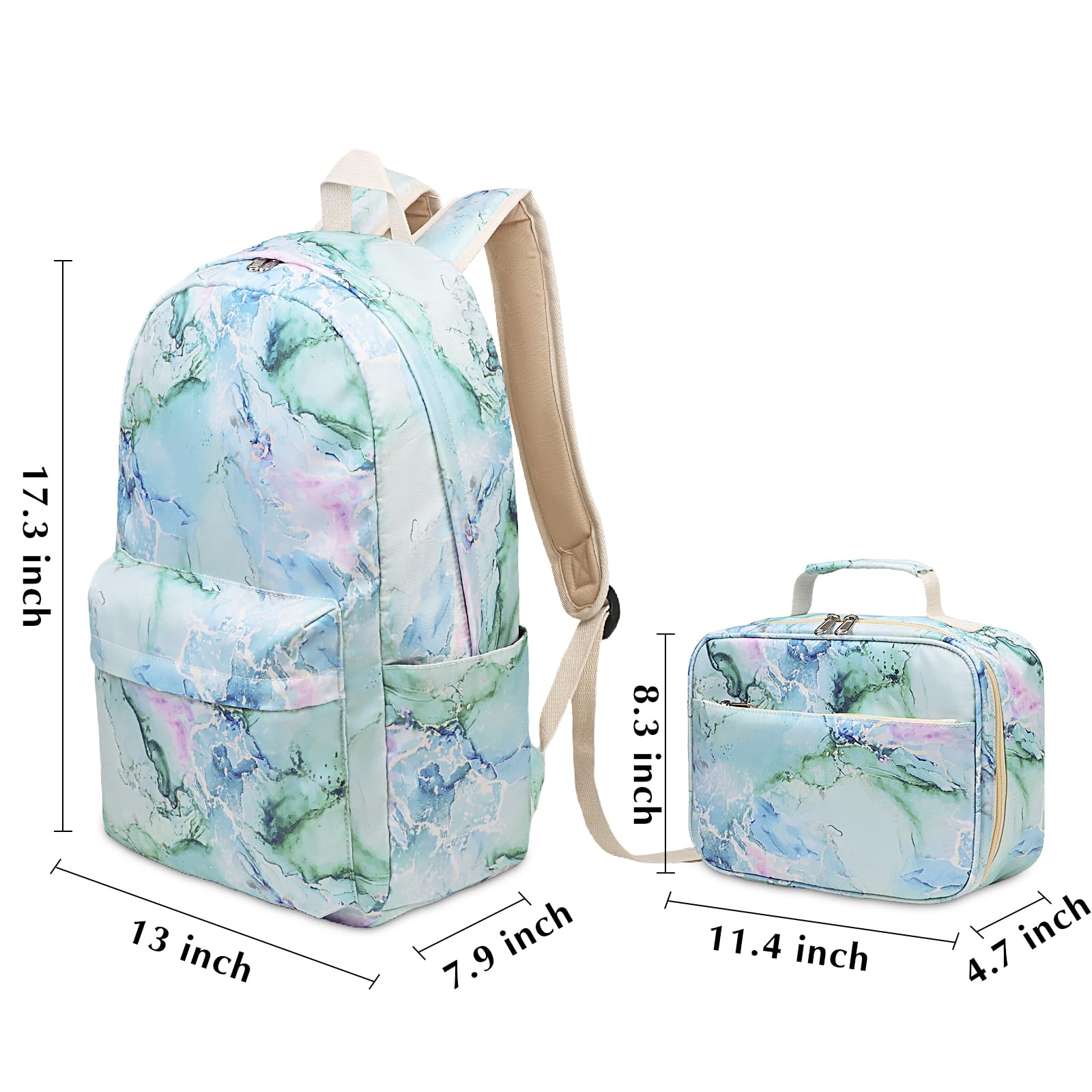 Waterproof School Backpack for Teen Girls & Women - Stylish Bookbag with Lunch Bag (Marble Purple/Blue/Green) | Perfect for High School, College, Travel & Daily Use