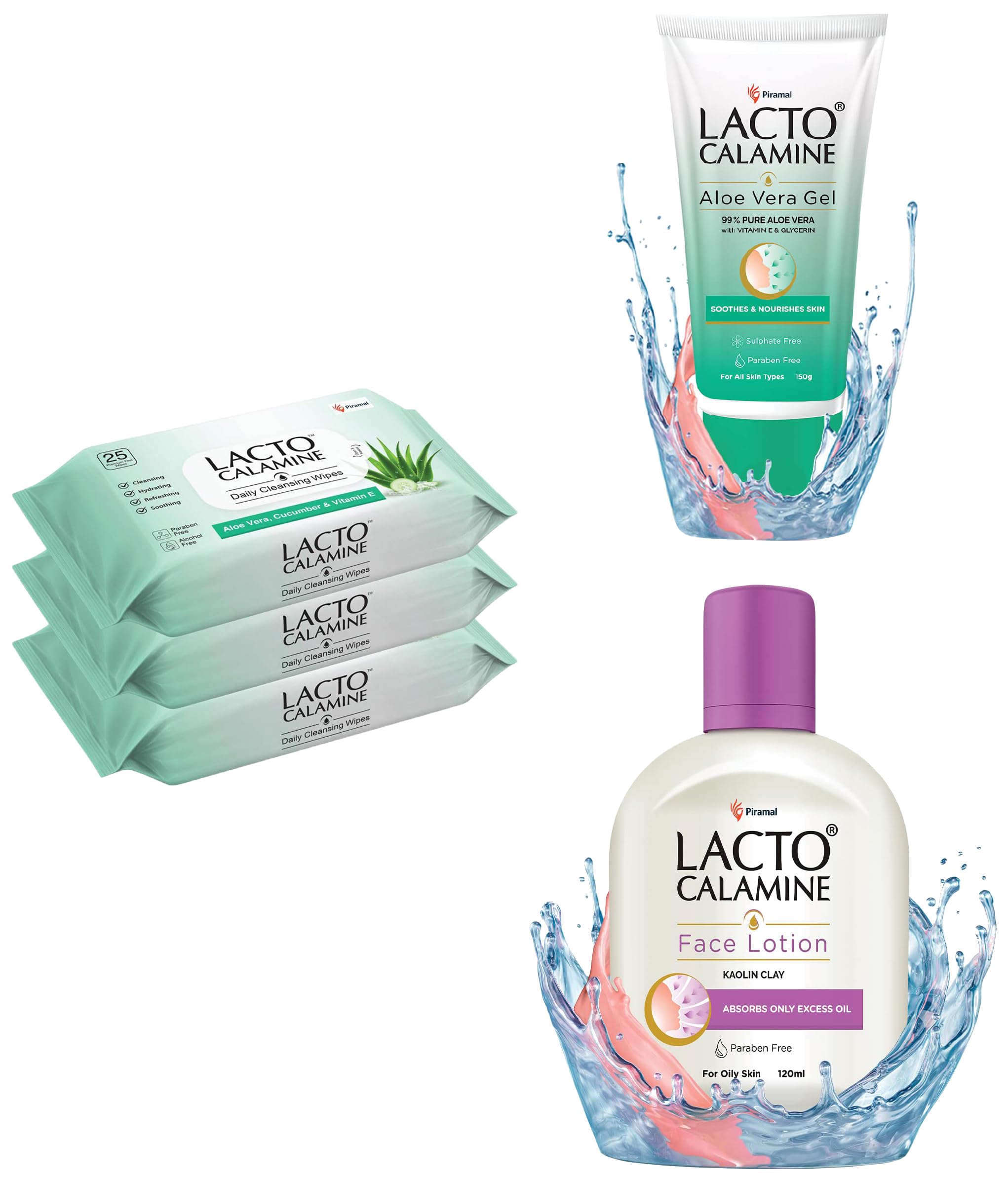 **Lacto Calamine Oil Control Face Cleansing Wipes & Lotion for Oily Skin (120ml) + 99% Pure Aloe Vera Gel with Vitamin E & Glycerin (150g) – Hydrating & Soothing Skincare Combo for Daily Use, Acne Relief & Sunburn Care**