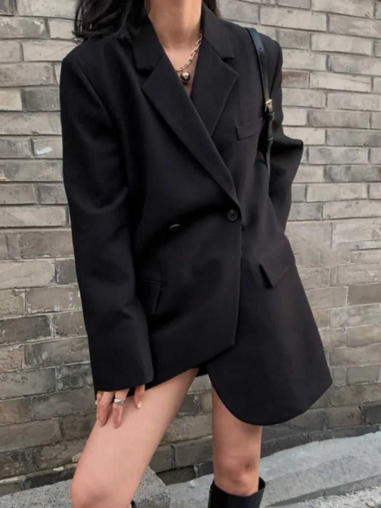 Women's Black Asymmetrical Blazer with Notched Collar - Long Sleeve Minimalist Jacket for Office Wear, Business Attire & Fall Fashion | Professional Workwear & Autumn Outfits